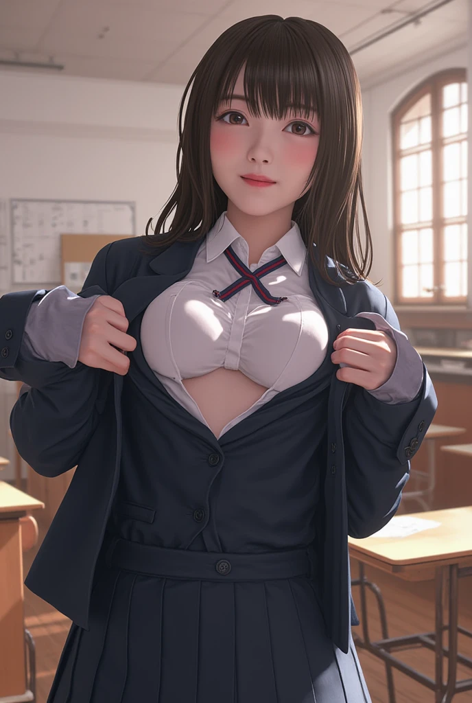 18 year old girl、blazer uniform、student、check pleated skirt、exposing one's chest、nipples are pink、nipples are big、Areolas reflect light、NSFW、