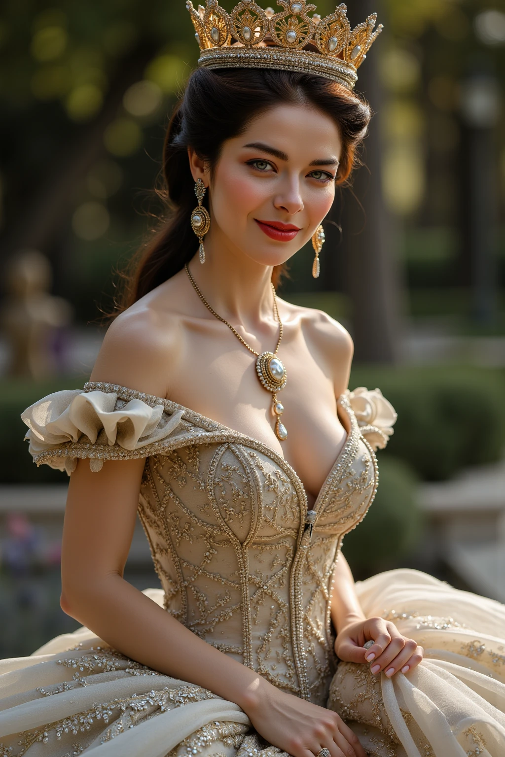 Craft a high-quality, hyper-realistic image of the influencer posing in a couture gown amid a fantastical landscape. Utilize creative angles and lighting to accentuate the intricate details of the garment, while maintaining a sharp focus on the model's captivating expression. This award-winning photograph transports viewers to a world of fashion fantasy, where elegance meets imagination.