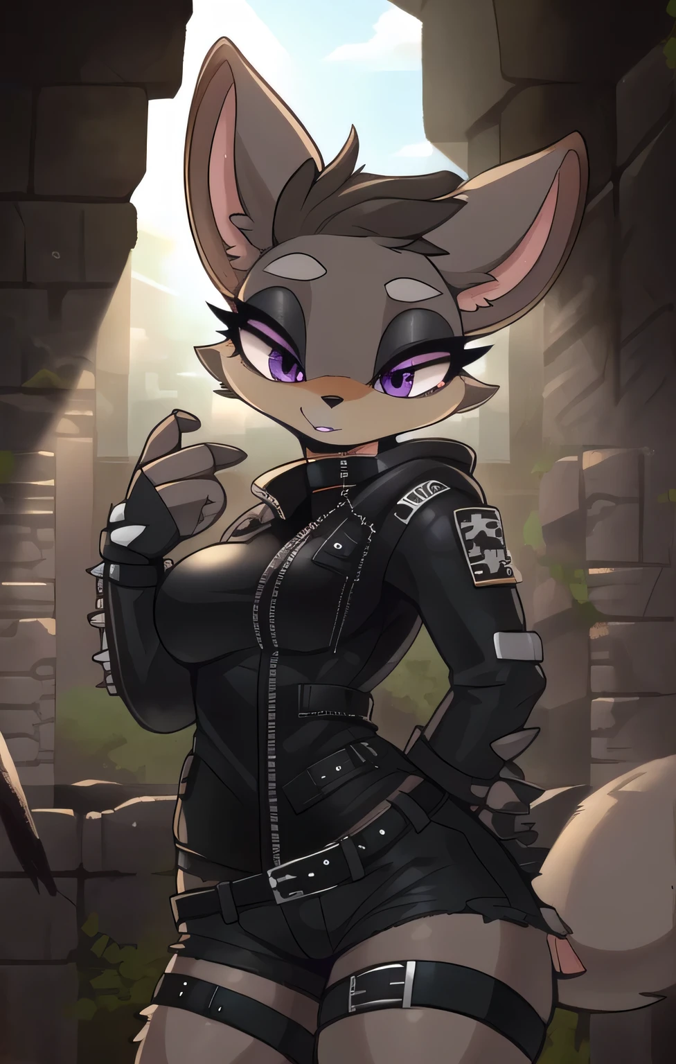 in, best quality, Masterpiece、Dark ruins、sunlight、Petite、grey squirrel 、 punk fashion、Eyelashes、Female Furry、