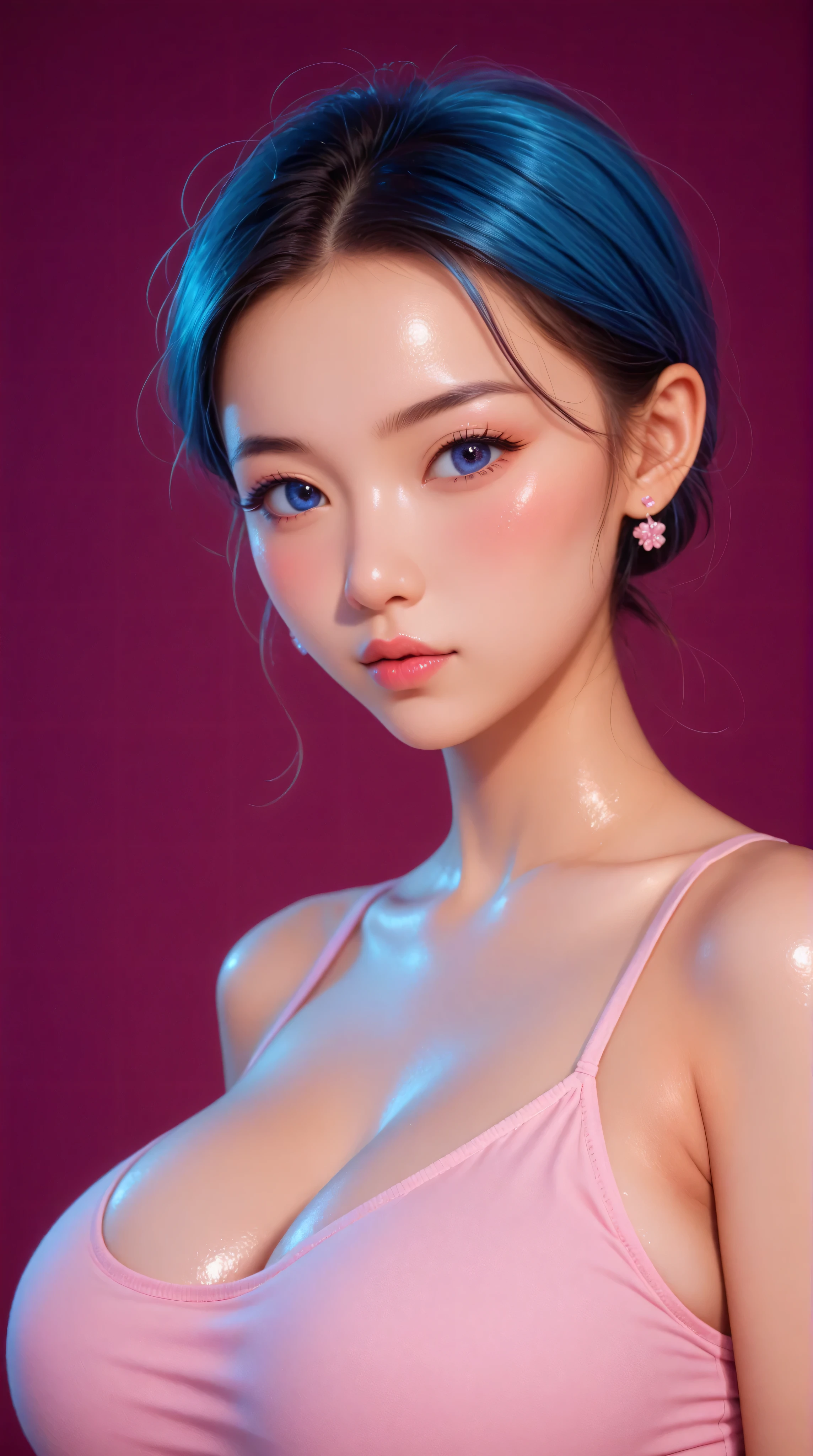 Kizi girl,Highly detailed, Amazing work,Vitreous luster,((clean backdrop)),In pink,(((blue colors))),purple color,red colour,Best quality at best,clean backdrop, shiny skin, very young asian girl, petite, slender, sexy, heavy blushing, submissive, plain background, blue background, red background, purple background, high fashion, huge breasts, retro pinup girl style,