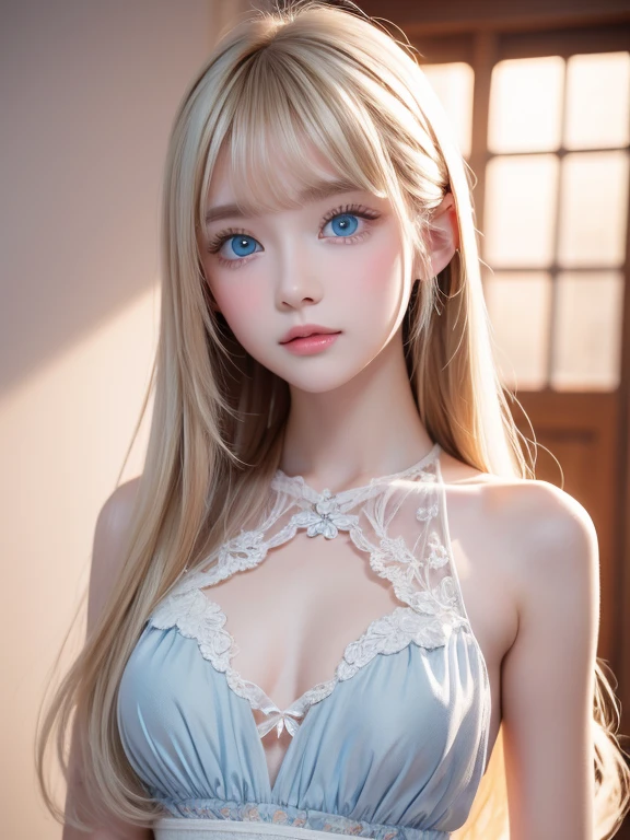 bjyx (nice with you)
blue dress, ((cowboy shot)), ((Elegant posture, Attractive posture)), Platinum Blonde Fine Hair、Extra long silky straight hair、Big eyes with bangs and eyeliner、((Visible cleavage))、((E cup)), ((I-type Valley)), Nordic Youth、Perfect body、Very beautiful and cute、White Skin、Smooth and radiant skin、Young and beautiful skin、Perfect beautiful little face、Shiny Makeup、Thin pink lip gloss expression、girl、Lipstick、Deceptive advertising、{Steaming hot}、Audience perspective、Primetime lights、Bokeh atmosphere perspective、Detailed movie lighting、Intricate details、high resolution、 Details of facial design、High Detail、Be focused、Smoothness、aesthetics、Print、Octane Renderer、{{masterpiece}}