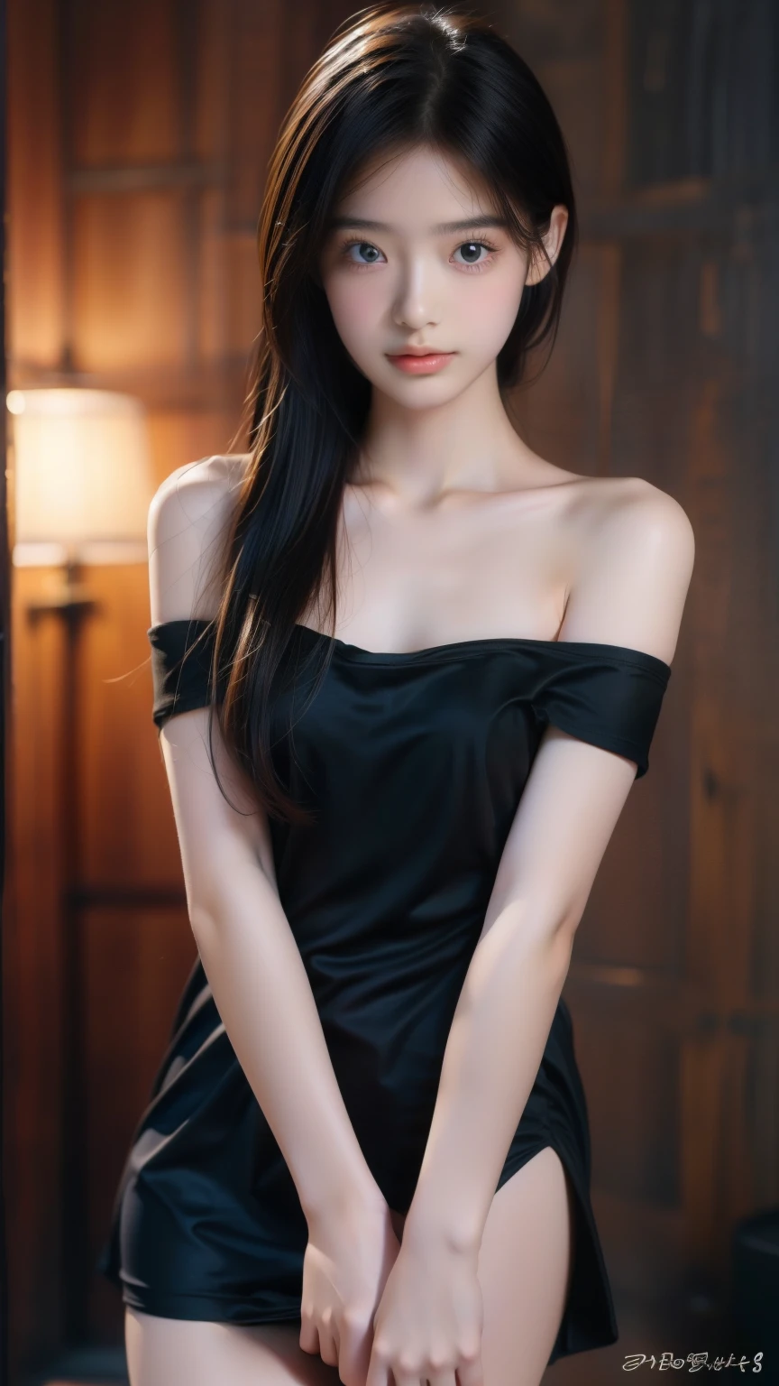 highest quality, masterpiece, ultra high resolution, (photorealistic:1.4), RAW photo,1 girl, alone, realistic, lips, (looking at the viewer), Upper body, simple background, brown eyes, black dress, off shoulder,Less cloth, naked portrait, nude photography, shiny nipple, show armpit