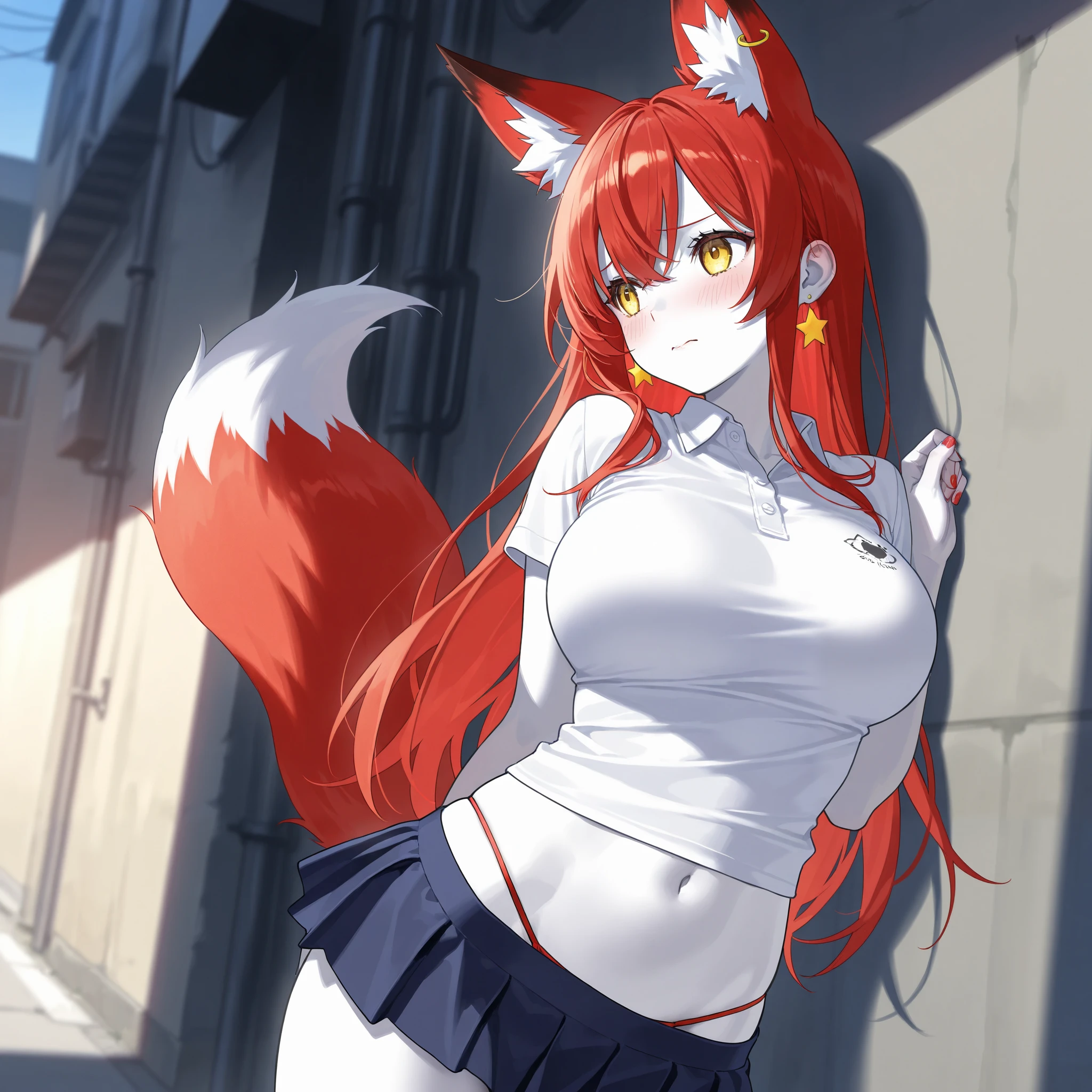 1 girl, long ginger hair, fox ears, only fox ears, crimson eyes, detailed deep eyes, very detailed face, huge breasts, sexy and seductive, wearing school uniform, skirt, tall, long nine fox tails, thicc thighs, wide hips, smile, horny, absurdes, high res, ultra sharp, 8k, masterpiece, looking at viewer