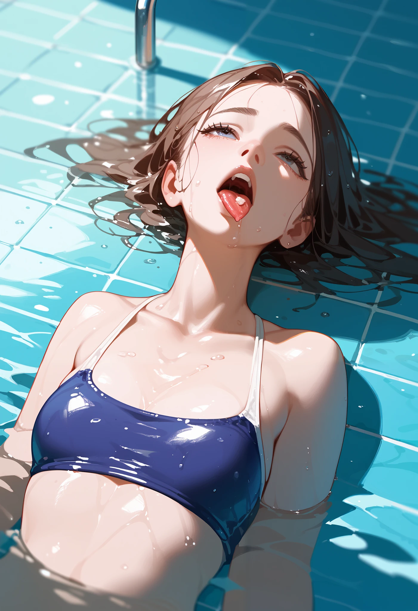 girl, pool tile , is lying unconscious, blank look up, swimsuit. climbs wet . water is flowing from the mouth , tongue slightly protruded abdomen, someone else's hand reaches out to her chest