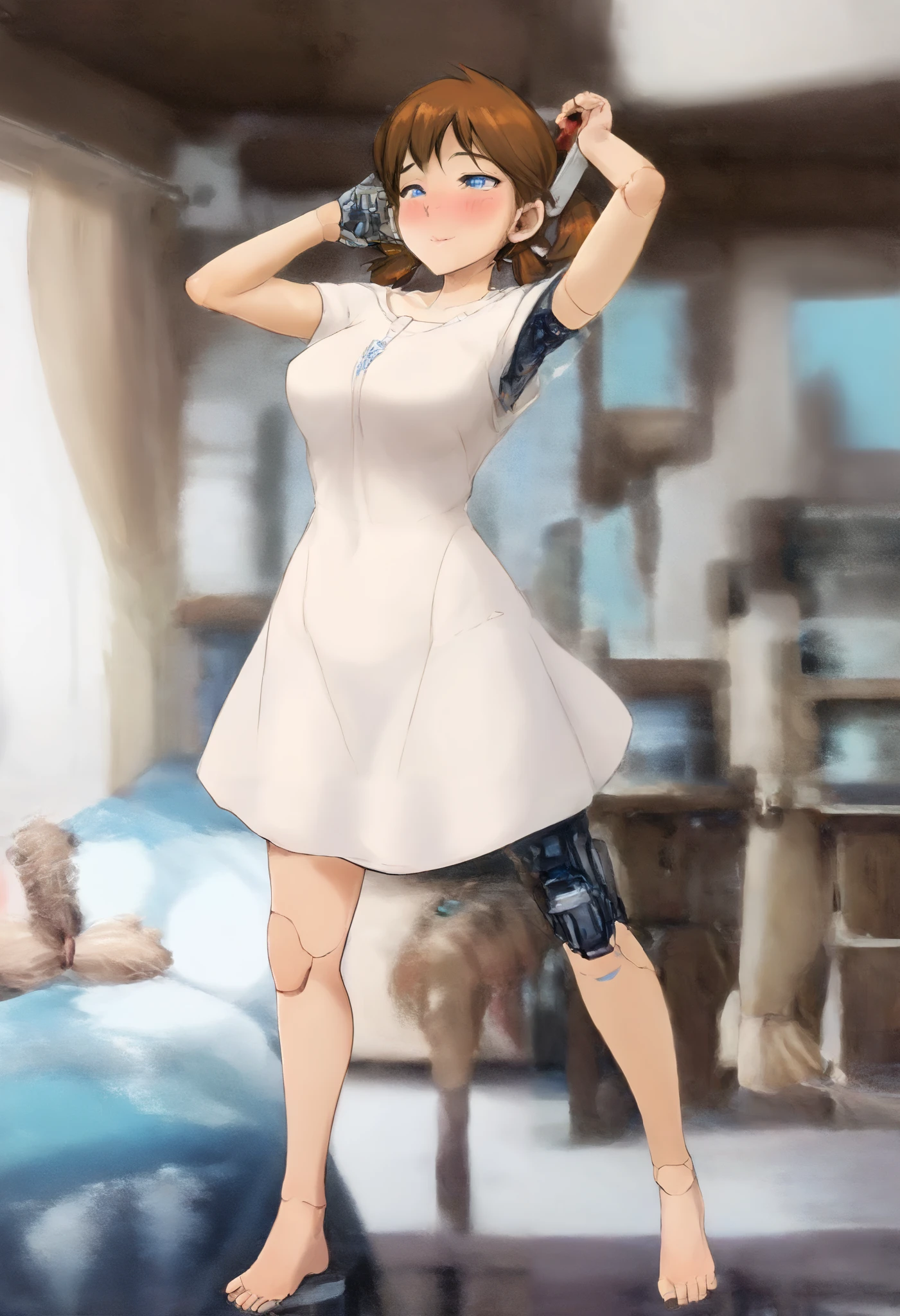 A girl is Jumping in the sky, Instructions, detailed assembly design drawing, Middle age, joint seam,full body view, height 160 cm mechanical lady, she gets ecstasy in pleasure, very short pigtails, brown hair, Hair tie with two big red clothespins, mature, android, blue eyes, full body figure, flushed cheeks, 2020s anime picture, barefoot. She is completely naked. She wears only white long shirt.