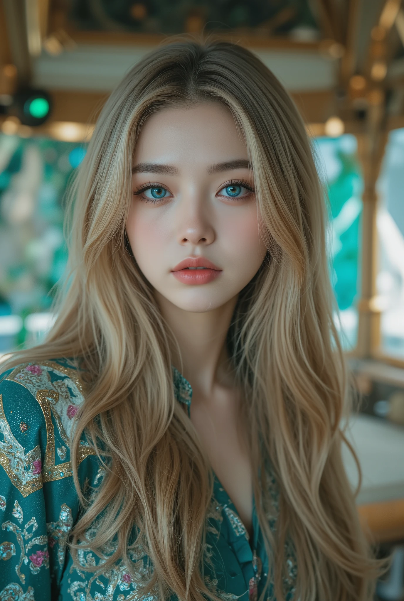 realistic, face, Blonde, blue eyes, long hair, beautiful planet background, beautifully detailed eyes, extremely detailed facial features, flawless skin, shiny iridescent green eyes, delicate makeup, high-quality 3D render, photorealistic, cinematic lighting, ultra-detailed, 8k, hyperrealistic, vibrant colors, seamless, photograph