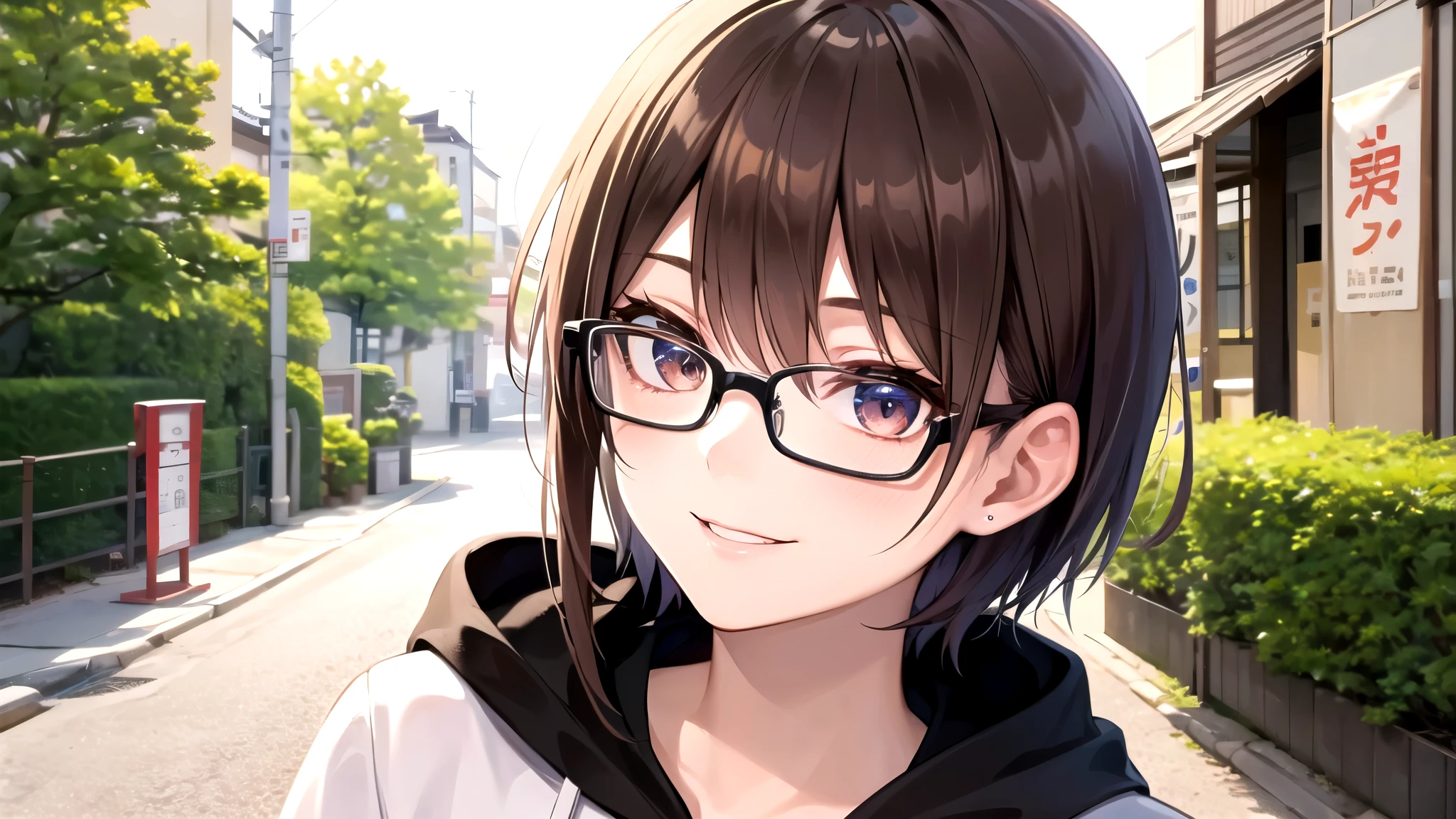top quality, 16k, high definition , 1girl , showing upper body , black short hair,( beautiful detailed face), brown eyes, smile,20generation, in the streets of Japan that are precise and beautiful, Moderate bust, hoodie, brown glasses