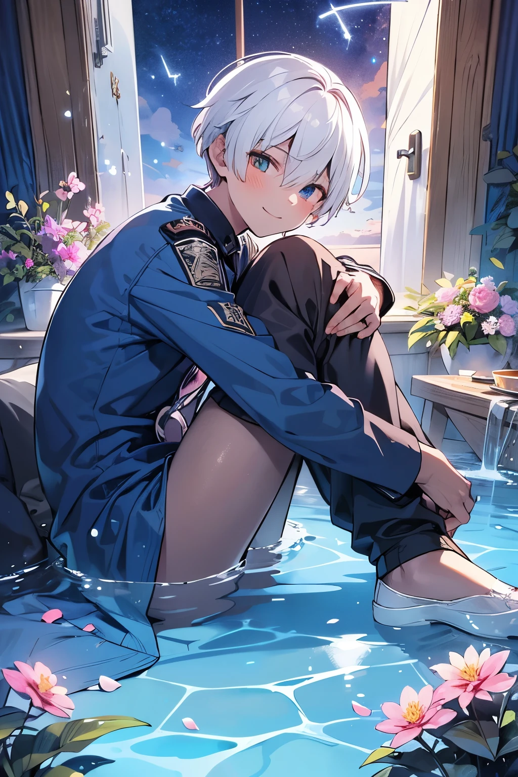 ((1-boy :1.5)),Ultra detailed,  highres, absurdres, HDR, master piece, Todoroki Shouto, bicolor hair, right side is white, left side is red,  heterochromia, right eye is grey, left eye is blue,Fantasy , pink petals, water, pink flowers, handsome, sexy man, Alone, best quality, blossoms, blue shining fireflies, blue clothes, ice and fire, magical,((dark skin body:1.1)), a perverted smile covered in lust