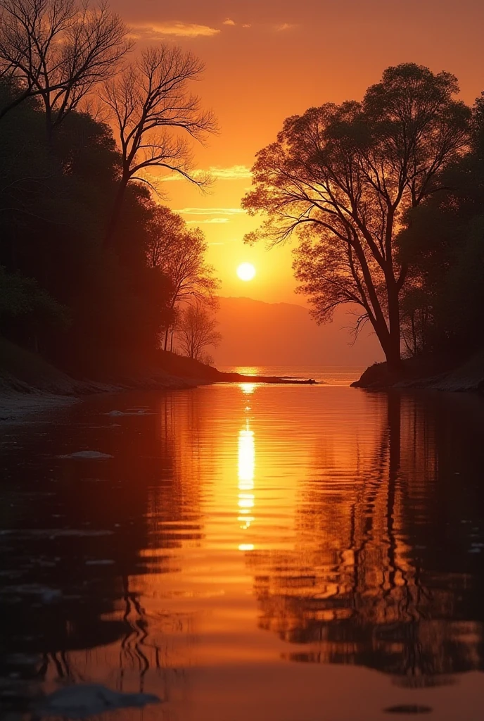 Trees are reflected in the water at sunset on a beach, beautiful ...