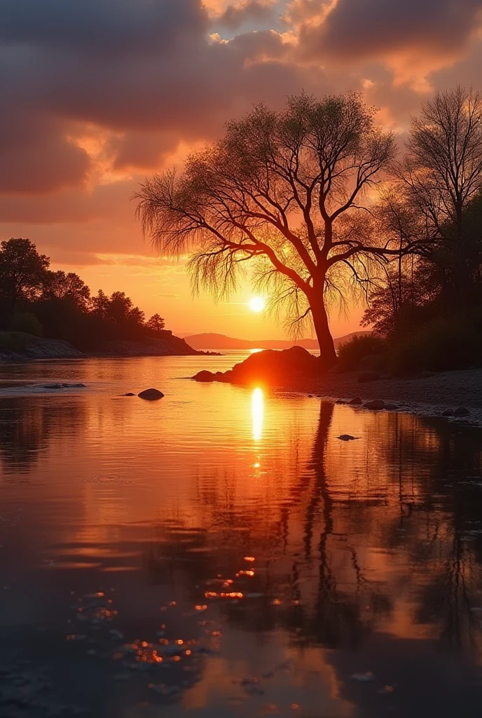 Trees are reflected in the water at sunset on a beach, beautiful ...