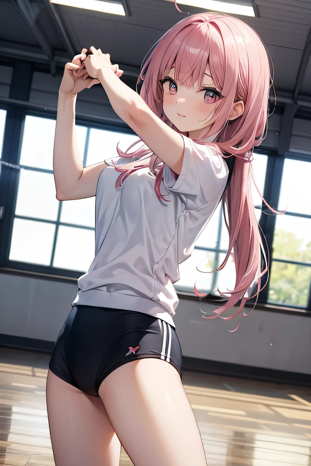 Absurd, Masterpiece, Best Quality, Realistic, Ultra Detail, (Shiny Skin, Sweat: 1.4), Slim, Gaze Viewer, 1Girl, Solo, Tennis Wear, White Polo Shirt, White Sneakers, White Miniskirt, Long Hair,pink Hair, Blue Eyes, (Thick Thighs: 0.5), Dynamic Lighting, High Resolution, Sharp Focus, Depth of Field, Small Breasts