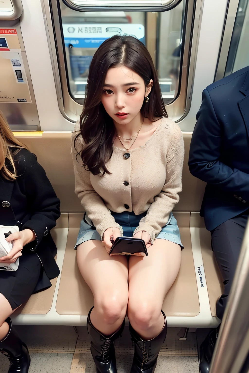 ((Girl sitting on train seat)),bright expression、Young shiny shiny white shiny skin、Best Look Rondo Reflective Light、Platinum blonde hair with dazzling highlights、shiny light hair,、Super long silky straight hair、Beautiful bangs that shine、Glowing crystal clear attractive big blue eyes、Very beautiful nice cute 16 year old girl、Lush bust,Beautiful detailed eyes, beautiful detailed nose,(( Full body:1.5)),Makeup that the eyes emphasize、Royal style,Comic style, , Sub-surface scattering, ornate detail, nature backdrop, Supergianthugebreasts, ((Cinematic)), Dramatic Lighting, masutepiece、((Off-shoulder dress with floral pattern on white background, Mini skirt type:1.4))、(Loose and fluffy perm:1.4)、1 girl in、((Bob Hair:1.3))、Ultra realistic 8K CG, Picture-perfect face, flawless, clean, masutepiece, Professional artwork, famousartwork, Perfect face, Beautiful face, Beautiful eyes, ((Perfect female body)), Solo,(Immersive atmosphere, Chiaroscuro:1.5,Bright light:1.2,Luminous lighting),(blush:0.5),fascinated expression,Extremely detailed_Eyes,thick thighs,Large,beautifullydetailedbackground,depth of fields,Realistic:1.3, longshot,Sitting, Full body, (ambient lights:1.3),(Cinematic composition:1.3),(Neon light:0.1),(nffsw:0.1),Accent Lighting, Black stockings,((Outside the window, Hazy skyscrapers))((White lace panties are visible))、