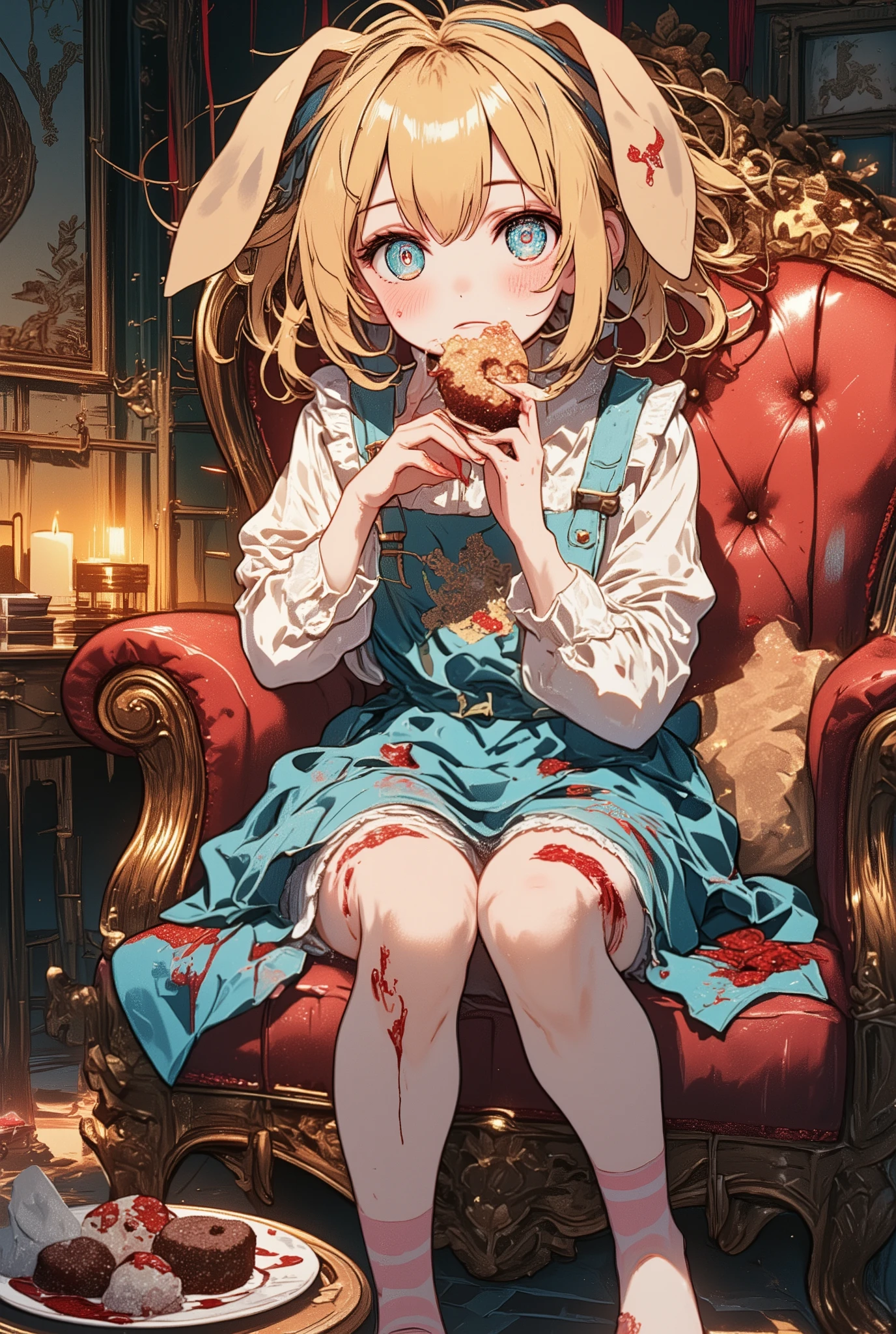 masterpiece, ultra-detailed,cute japan anime illustration, a blend of adorable and eerie aesthetics, a young girl with striking, glowing blue eyes, her wide-eyed gaze filled with a mix of innocence and unsettling intensity. She sits on a luxurious red leather armchair with an ornate design, her blonde hair flowing messily, adorned with delicate rabbit ears that add a whimsical touch. Her soft blue apron, embroidered with the name "Aioe," is stained with fresh, vivid red blood, creating a shocking contrast to her pristine white blouse and pink-striped stockings. Her trembling hands hold a chocolate donut, partially bitten, with faint smears of blood on its surface.
The background is dark and shadowy, with faint, dripping red streaks on the walls, enhancing the sinister atmosphere. The soft glow of a flickering candlelight illuminates her pale, doll-like skin, casting gentle shadows that highlight her delicate features. On the side table, a plate of desserts—perfectly crafted but stained with unsettling crimson—adds to the juxtaposition of sweetness and horror.
The lighting is dramatic, with sharp contrasts between the warm golden glow of the foreground and the cold, desaturated tones of the background. Subtle particle effects of floating dust and faintly glowing red embers drift through the air, adding depth and mystery. The reflective surface of the tiled floor enhances the eerie ambiance, mirroring the blood stains and amplifying their vividness.
Advanced techniques such as chiaroscuro and glazing are used to emphasize the interplay of light and shadow, while dynamic color grading heightens the surreal balance between cute and macabre. Soft bokeh effects blur the distant edges of the scene, keeping the focus on the girl's intense expression and the unsettling details around her. The entire composition is charged with an eerie charm and a haunting beauty, blending innocence with a chilling sense of unease.