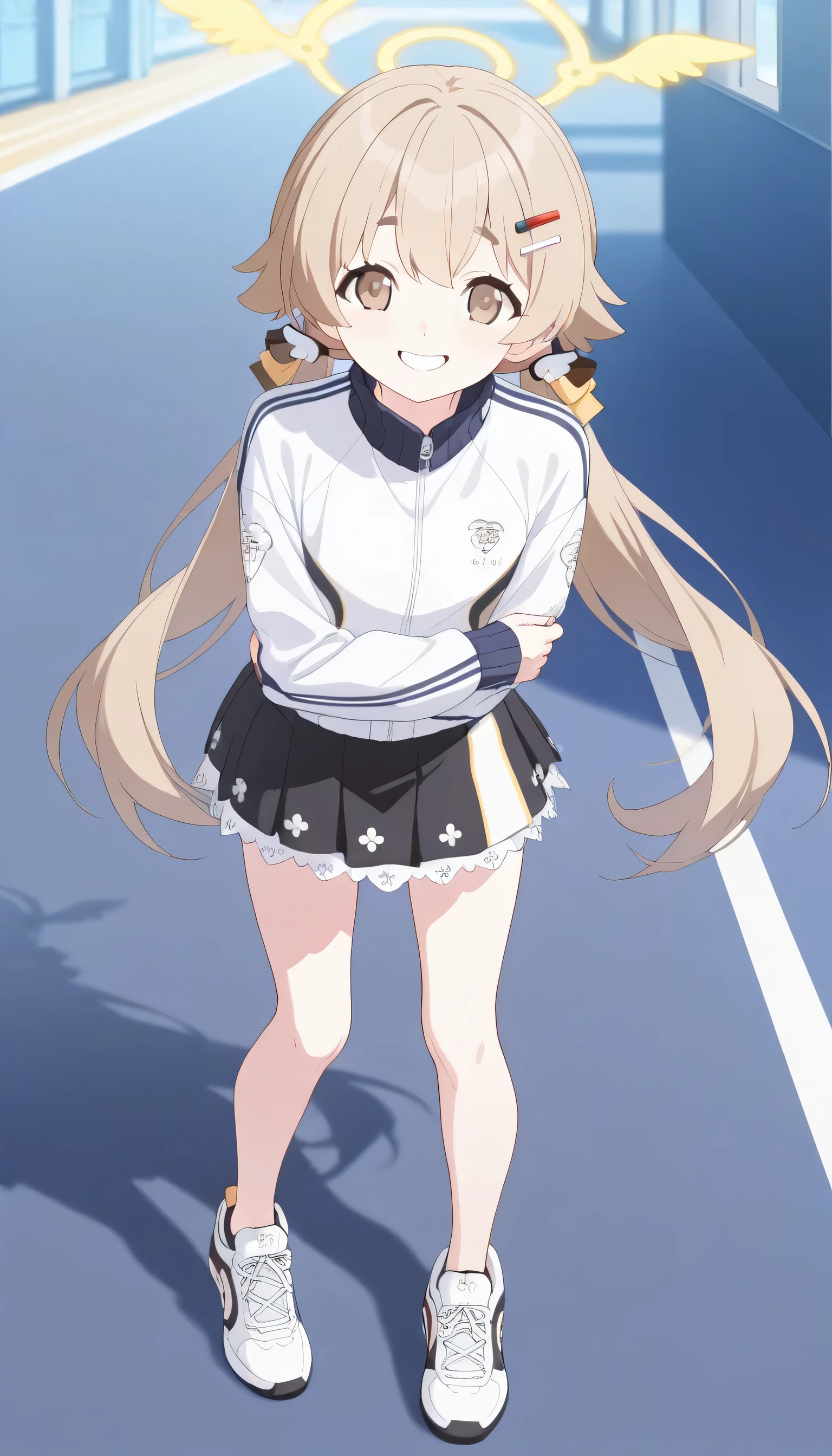 ( masterpiece, Best Quality , high quality , high resolution, Super Fine), å¼ ç½ è²æ, older, blue archive , Hifumi Ajigaya, Smile, brown_ eyes, yellow_hair, Hair accessories , red hairpins , cross hairpin , halo, medium length hair,Smile, View viewer , alone, cowboy shots , Long Legs,Skin color legs , sports jacket , black skirt_ white lace ,Sports shoes,Standing,Standing,