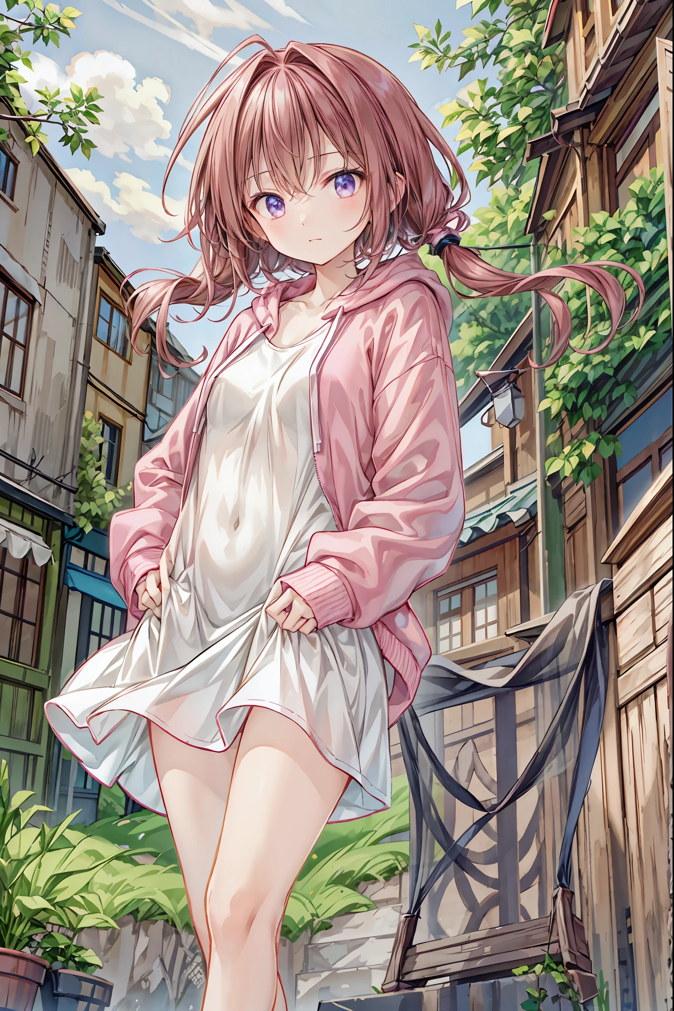 , pink,Wear a hoodie。Nice,Beautiful night view background, standing on tiptoes , upright,Correct posture, rear view, small breasts, flat chest ,((from below:1.2)),
