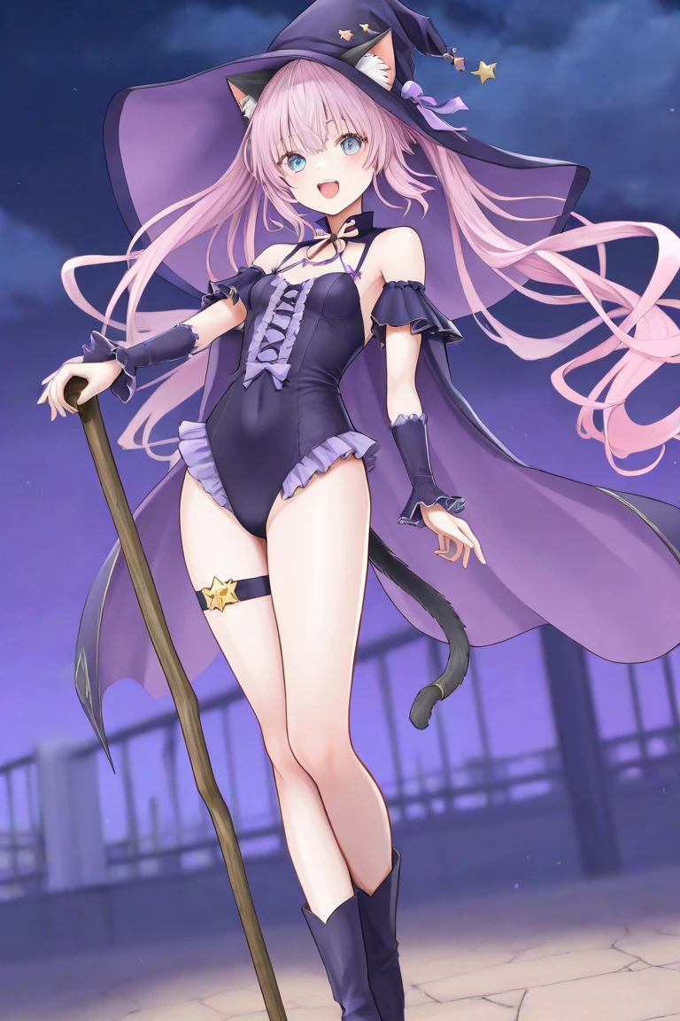 <lora:nepu1-000013:1>, npur1, halloween theme background, smile, costume, wearing a costume, witch costume, witch, spooky season, cute, perfect hands, sitting on a big pumpkin, pumpkin, jack-o lantern, small breast