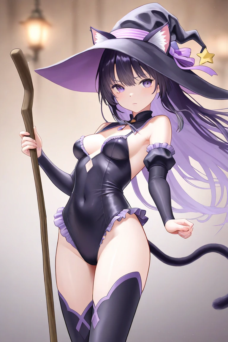 ((masterpiece)),(((best quality))),(((very detailed))), (Character design sheet, same character, same outfit, multiple views. 1 mature woman, long brown hair, eyes brown, naughty happy smile showing its fangs and sharp teeth. Dressed view, purple witch clothes, short dress, long thigh-tight stockings, boots, hat. Underwear view, panties, bra. Fully naked view, medium breasts, thighs thick, abundant pubic hair, standing, digital sheet background, information on a shore.