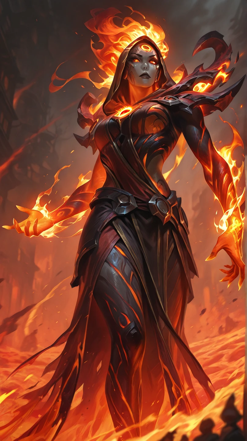 (low angle view:1.5), (fully body:1.5),1 Sexy Demon, queen of the damned, Woman, skull, black armour, (holding flames:1.4), Crown of the horns of the skeletal ram, Flame Shoes, Dynamic Digital Painting, (bokeh:1.5),Epic composition, improve the quality of the face