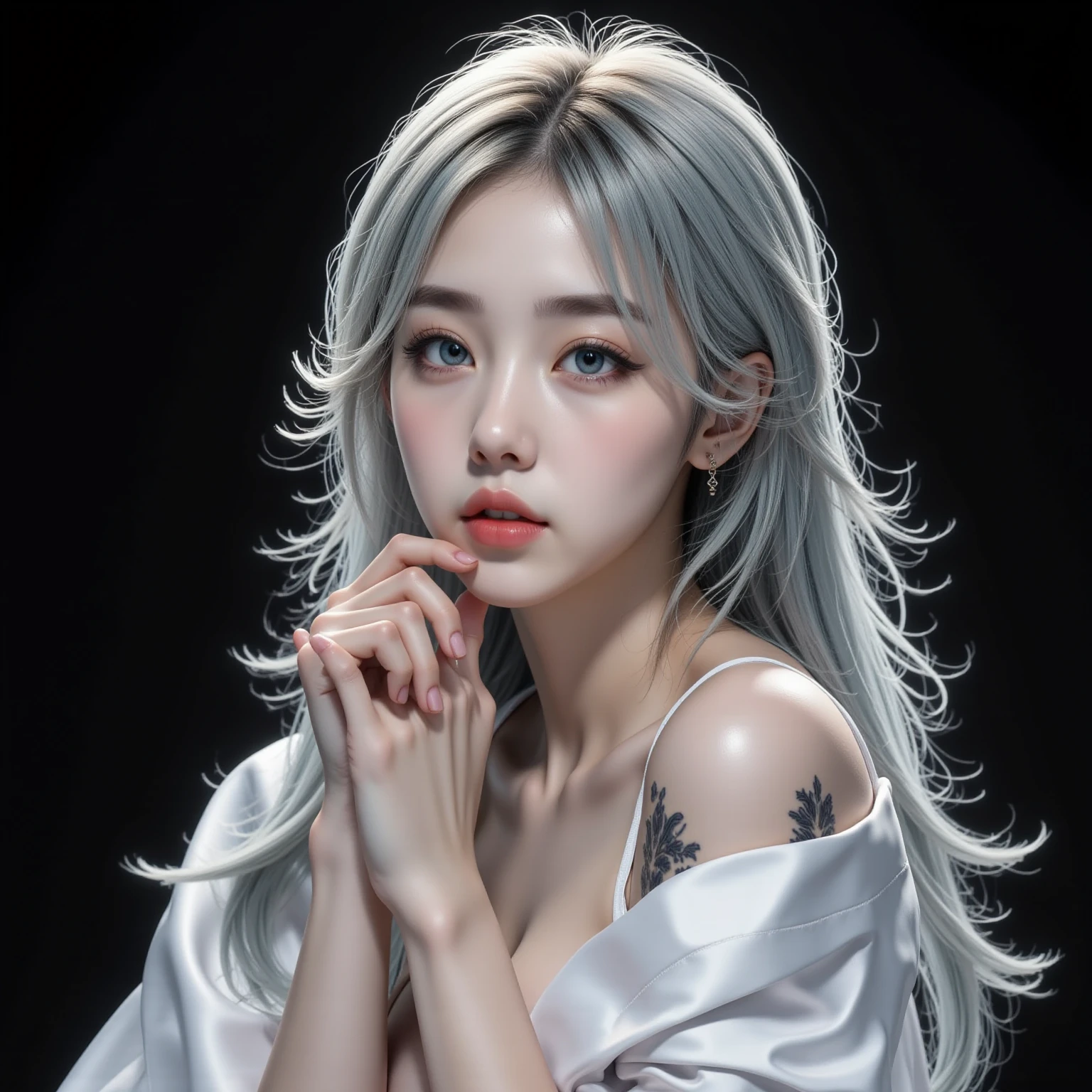 Vampire book cover, korean beautiful vampire girl, ((Best Quality)), ((masterpiece)), (detailed), vampire book cover based on the twilight movie, beautiful korean vampire girl, Her hair is long and pure white., almost silver, which falls softly over her shoulders and is styled with a mix of loose strands and a thin braid that falls to the side of her face. His eyes are a grayish tone, almost silver, that seems to penetrate through people with an intense and calm gaze. His pupils are thin, giving it an almost supernatural and distant appearance.
((The title of the book ))