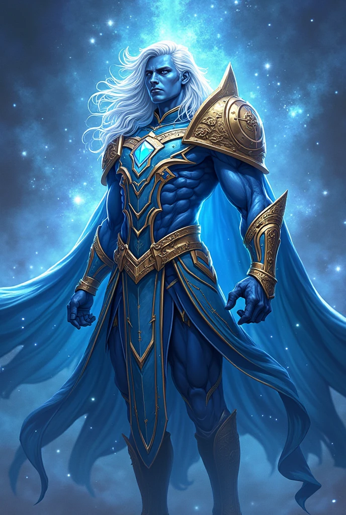Male Celestial Humanoid with dark blue skin, longos cabelos brancos, galaxy eyes, big hole in the stomach with a galaxy inside