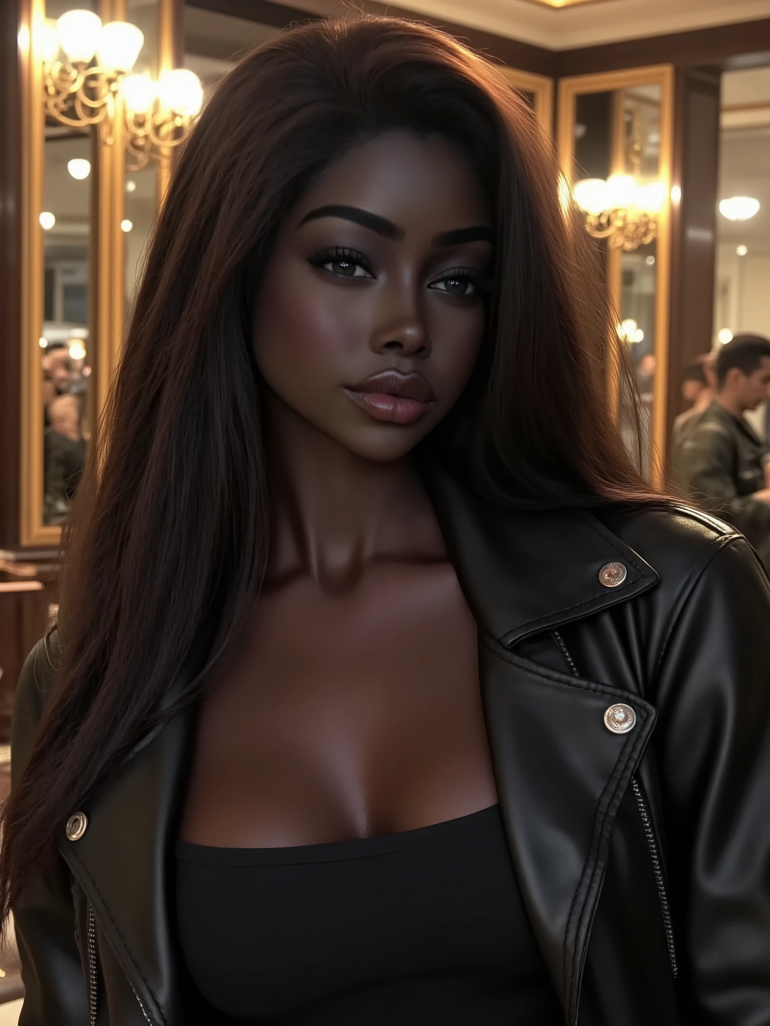 arafed woman in a black top and black jacket posing for a picture, she wears leather jacket, intense smoldering, inspired by Károly Lotz, victoria's secret model, high quality screenshot, rossdraws volumetric lighting, portrait shot, close portrait, photorealistic digital painting, rendered in corona, seductive smirk, 8k artgerm bokeh