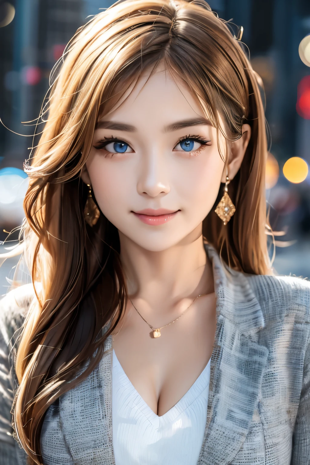 Save this image、Pale face and eyes:1.3、薄くてPale face and eyes:1.3, blue eyes:1.3、{highest quality}, {{masterpiece}}, {Very delicate and beautiful}, Extraordinary light and shadow, Highly detailed wallpaper, Sunny and bright, whole body, whole body、 1 girl, , blush:1.2、Shaggy blonde long hair:1.5、Cut your bangs evenly at eyebrow height:1.5、Dark eyeliner、Thick eyebrows、Strong sunlight:1.3, (Business Fashion、Strict suit)、 Delicate Hair,Realistic skin texture, B cup breasts、Visible wrinkles on the skin., Broad shoulders:1.5, ((A strong light shines on your face:1.5)), Posing with her hair up:1.5, necklace、ring、earrings、(Smiling with teeth showing:1,5)、Shibuya cityscape at night background:1.5, Ray Tracing、