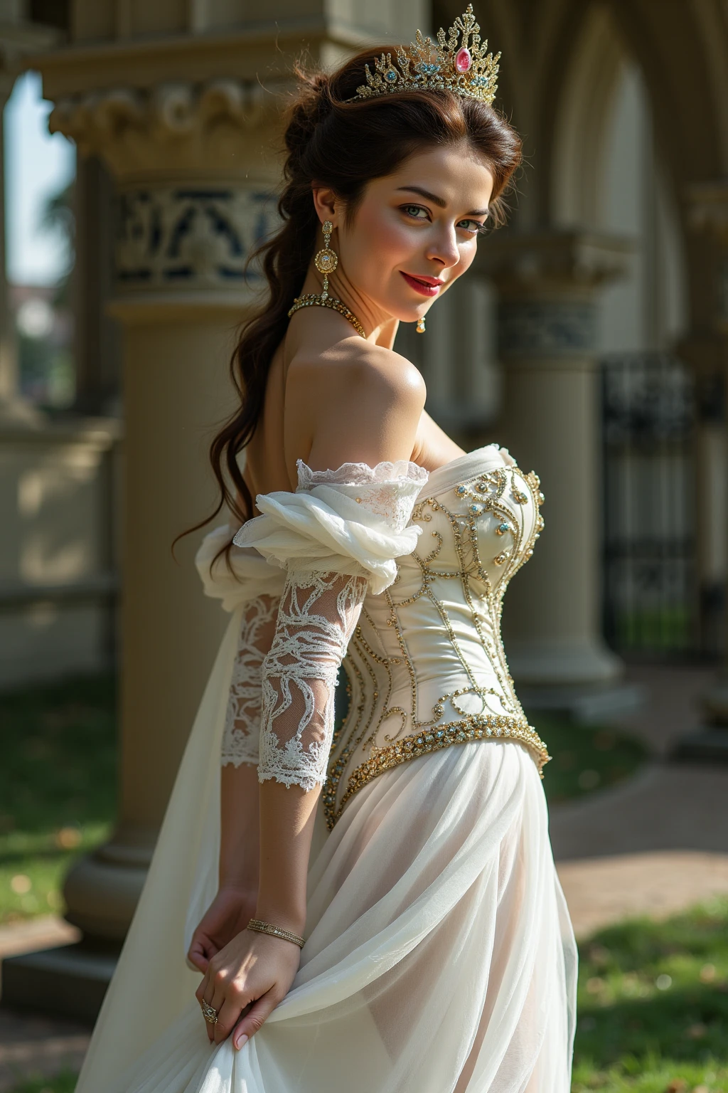 A hyper-realistic portrait of a dragon queen with light brown hair in an updo, wearing a white lace gown and a dragon-themed crown, set in a grand hall with dragon motifs.
