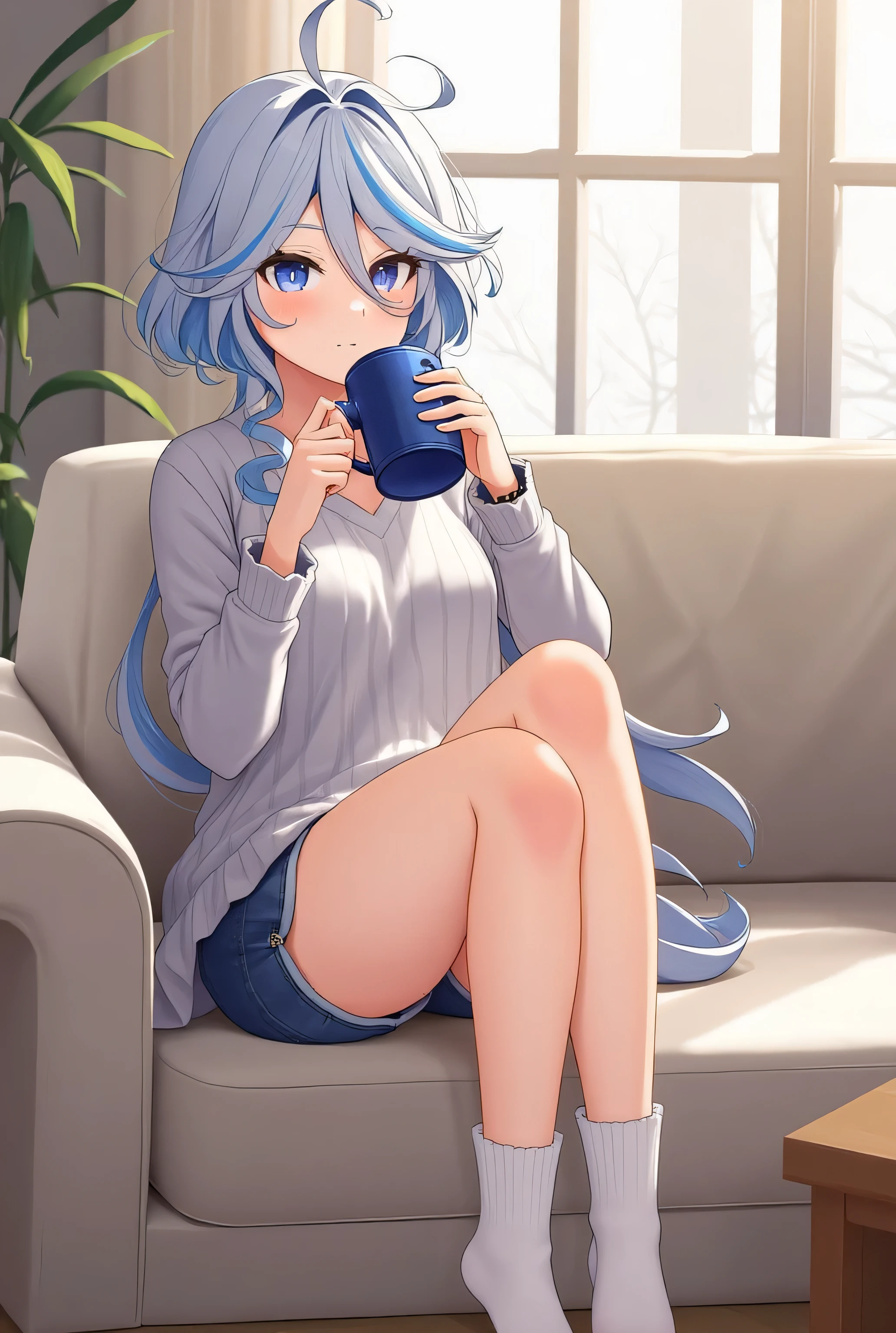 ,"A girl named , sitting on a cozy sofa inside a modern living room, drinking coffee from a mug. She is wearing a gray sweater, short blue denim shorts, and white socks. Her expression is calm, and she is casually enjoying her drink. The lighting is warm and soft, creating a comfortable atmosphere."