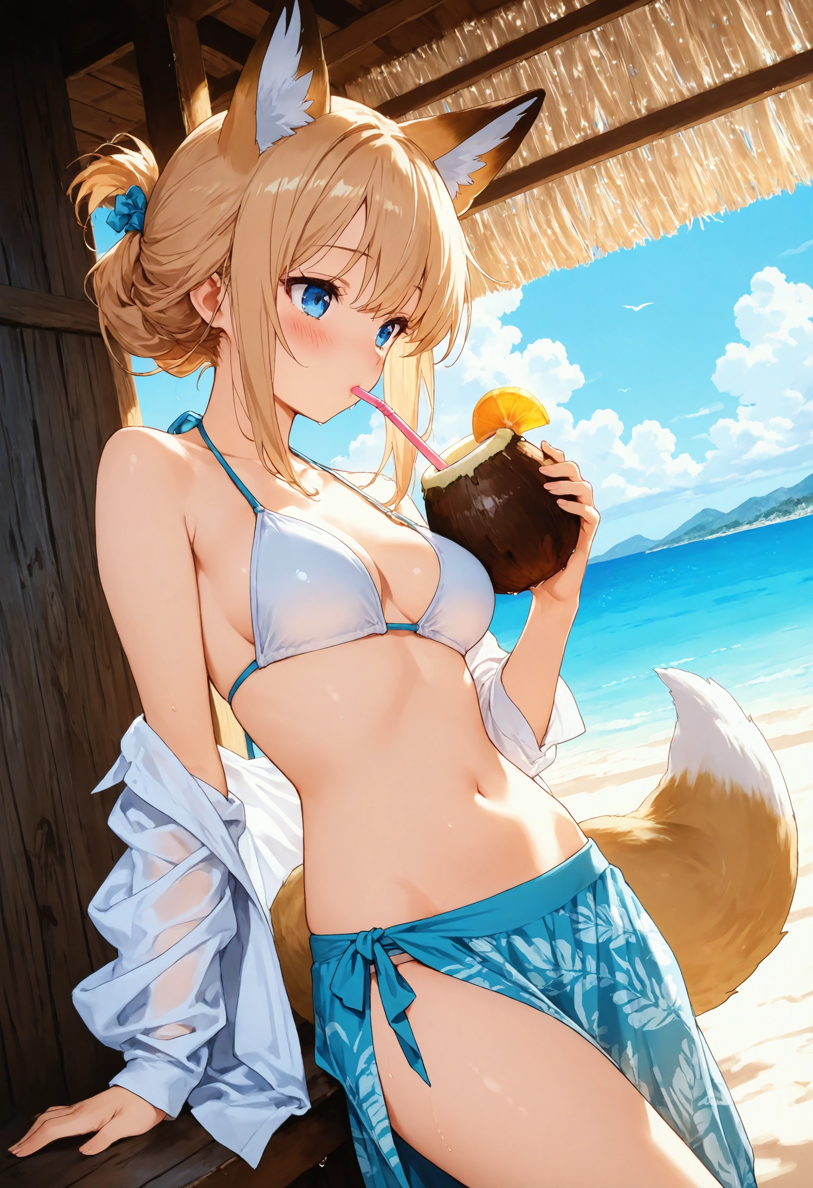 Solo, Score_9, score_8_up, score_7_up, source_cartoon, kemono style, An Anthro furry fox girl, yellow furry body, yellow fox tail , black nose, blonde hair, braided hair, wearing blue daisy dukes, a tied white shirt, visible thong, sunglasses, sunglasses covering eyes, smirking, outdoors, sunny day, looking away, majestic, at the beach, sitting on a chair under an umbrella, in front of a food stand, legs crossed, barefoot, toe ring, 4 toes, holding a margarita, d