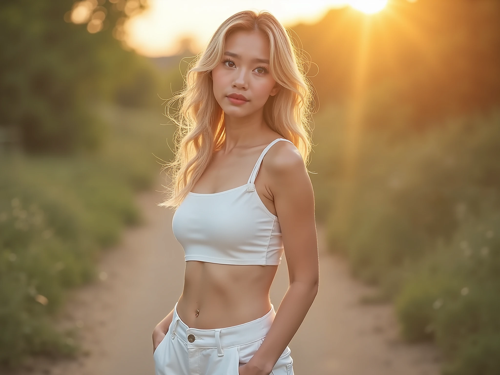 blonde girl, long hair, strong makeup, black low waist shorts, white cropp top, sunset, speedlight, proffesional