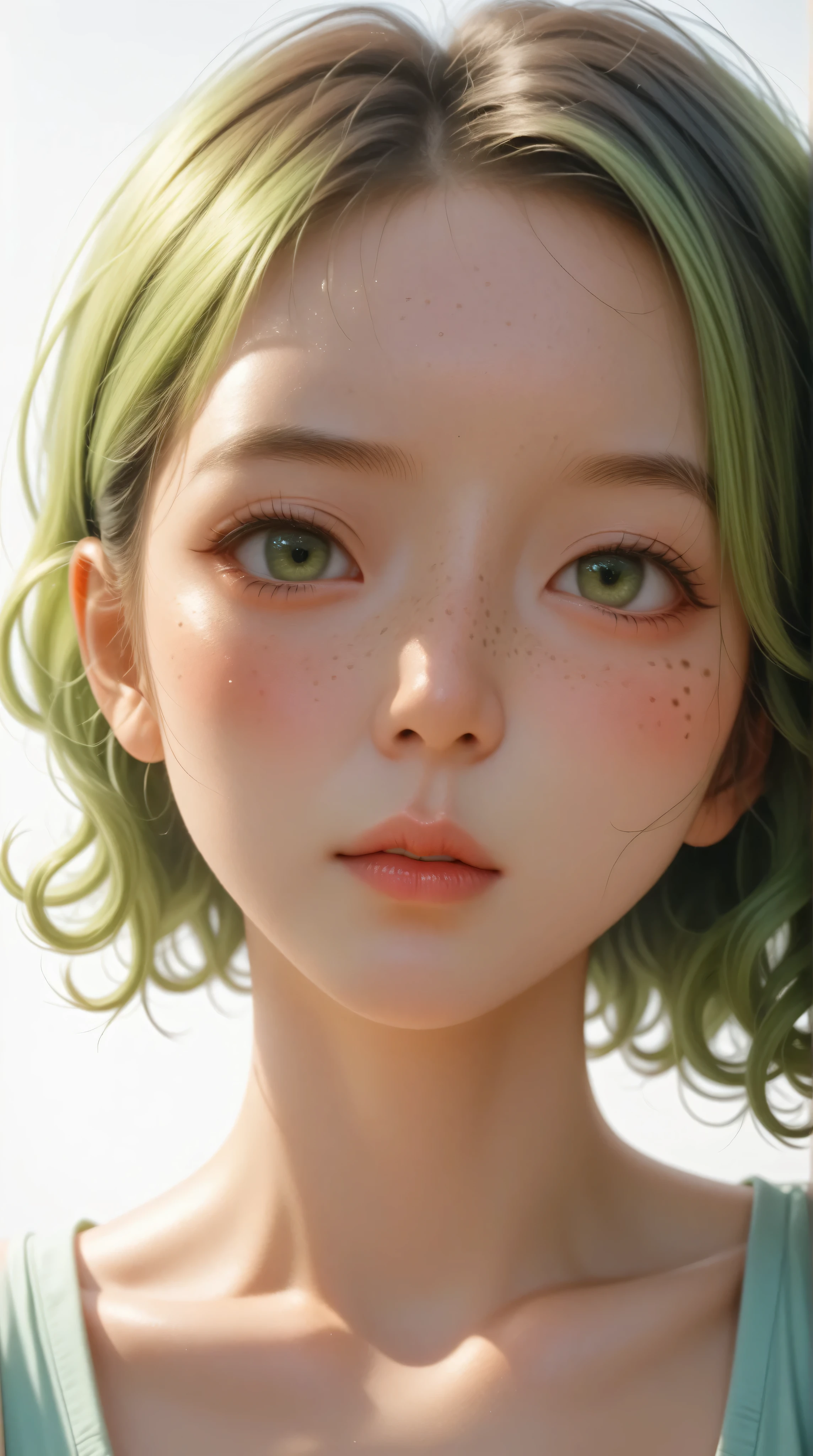 asian high school girl, focus on eyes, close up on face, pouting, wearing jewelry, apple green color hair styled Faux Hawk with Curly Hair, freckled face, slender, pale, shiny skin, anime, manga, heavy blushing,