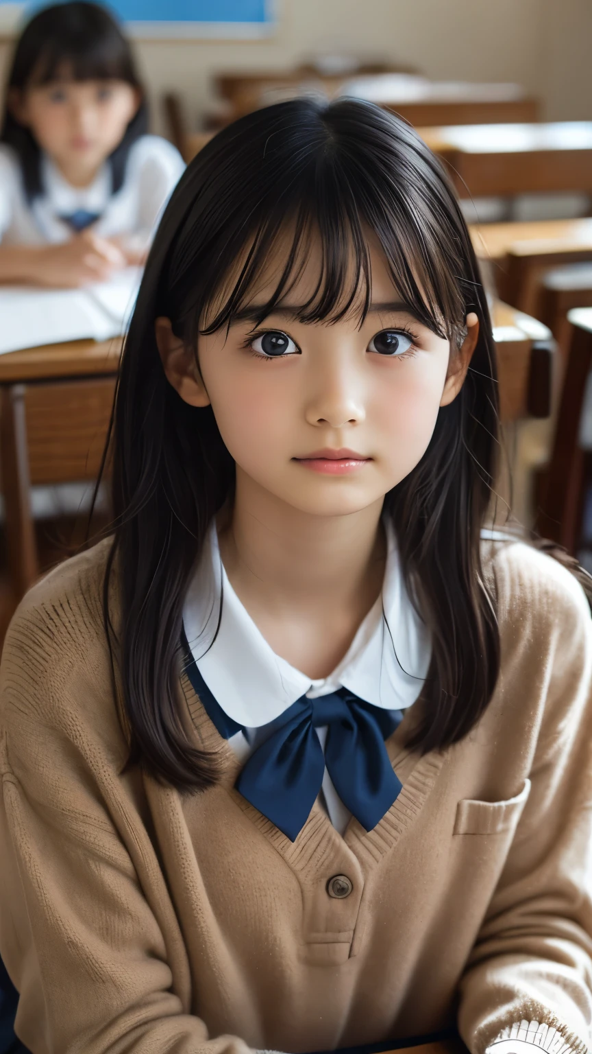 Imagine a charming illustration in the style of Loundraw, Depicts a beautiful schoolgirl. She is wearing a classic school uniform, With a fitted skirt and a perfectly lined shirt. Her long black hair, With soft bangs, Falling gracefully over her shoulders. The girl is depicted in a school setting, A calm and serene environment, Illuminated with soft, neutral light. Scenery details, School desks and chairs etc, Blackboard and books, Carefully expressed to create an authentic atmosphere. The girl's facial expression is calm and focused, Reveals her determination in her studies. The illustration conveys a sense of serenity and concentration, Capturing the subtle beauty of a school routine in a delicate and emotive artistic composition.