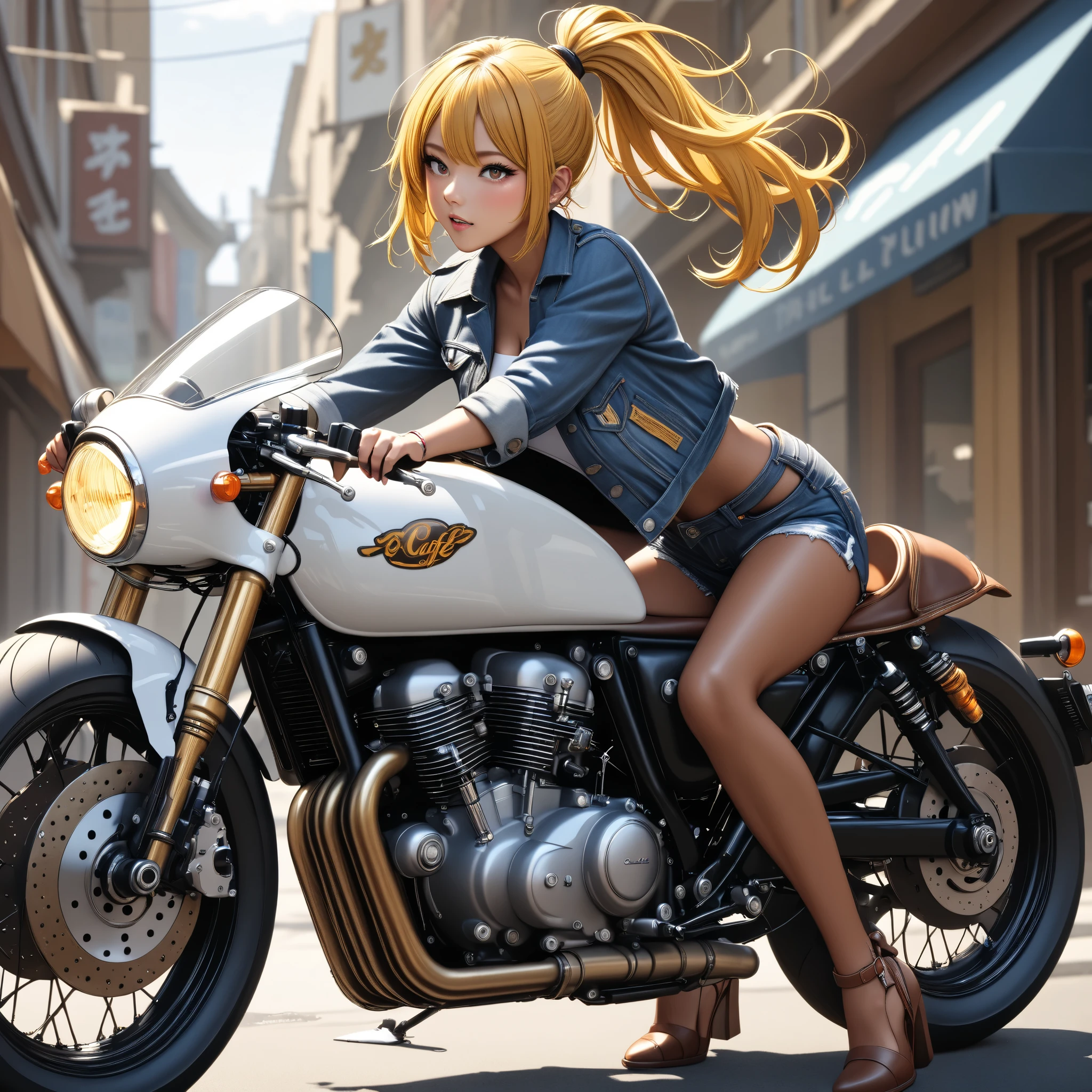 1 girl riding a tuned pearl white cafe racer motorcycle +( glossy brown skin) 、Yellow Hair、 ponytail、Denim jacket、 SHORT JEANS 、masterpiece, best quality,