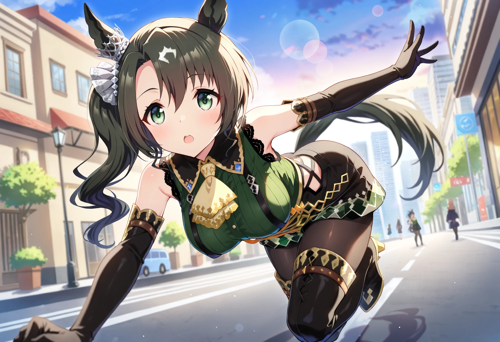 score_9, score_8_ up, score_7_ up, 1 人の女の子がHighest, alone,nsfw, masterpiece, top quality, high definition , very detailed, Shiny Skin,masterpiece,Highest_quality,
Satono Crown \(Uma Musume\), 1 girl, horse ears, BLACK ELBOW GLOVES, look at the viewers, full body, sleeveless green shirt , Horsetail, make black shorts , yellow ascot , black suspenders, black pantyhose, black thigh high boots , shoulder out, hair scrunchies , earrings, motion blur , lens flare,
cowboy shooting, beautiful detailed eyes,Outdoors,city,Hongkong