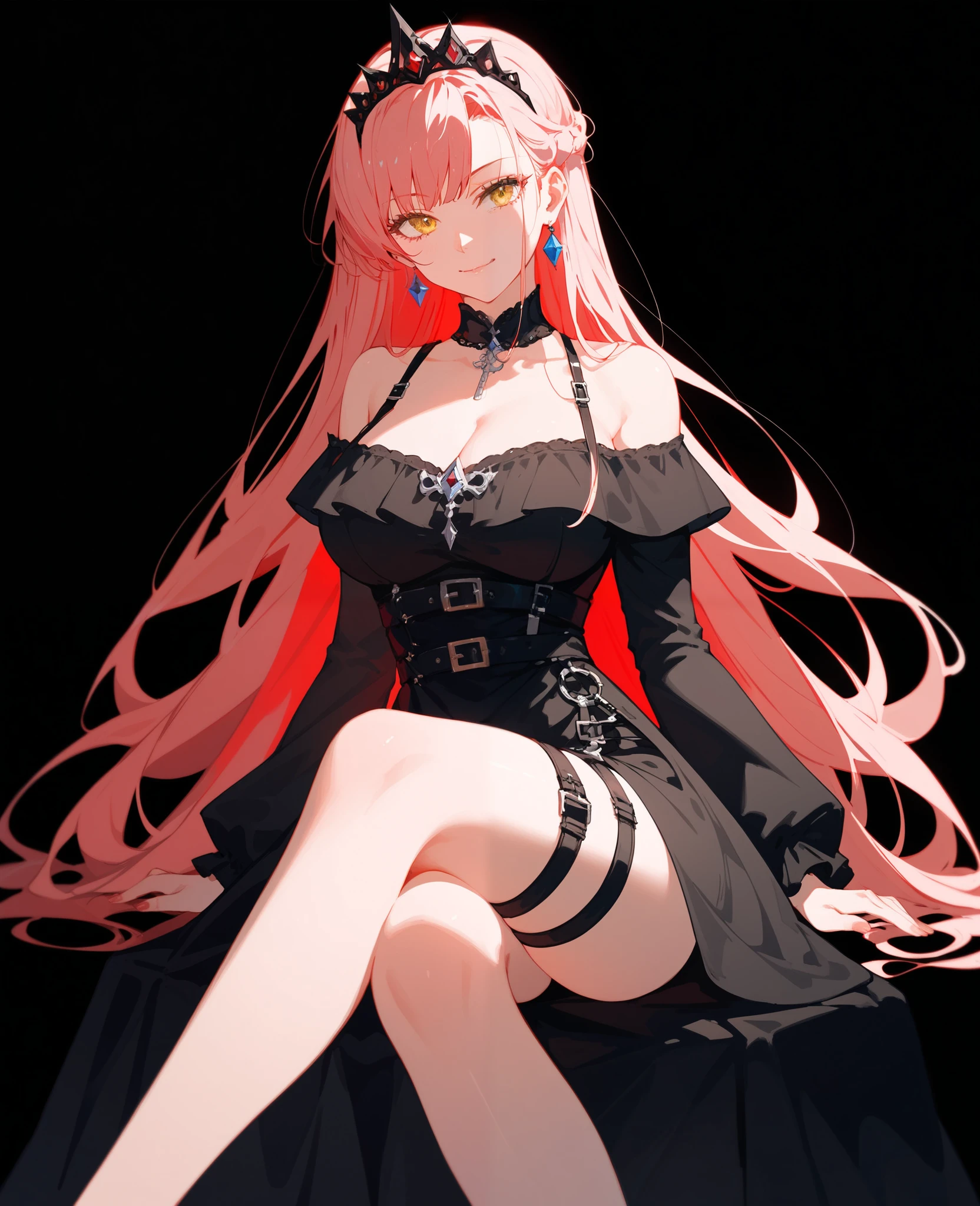 alone,girl, Light Red Hair , in yellow eyes, black dress ,sit,thin, princess ,Long hair, black background, Straps , cute,Off shoulder dress,thinบาง,thinเพรียว,Fighter,milf,Fierce face,sitบัลลังก์