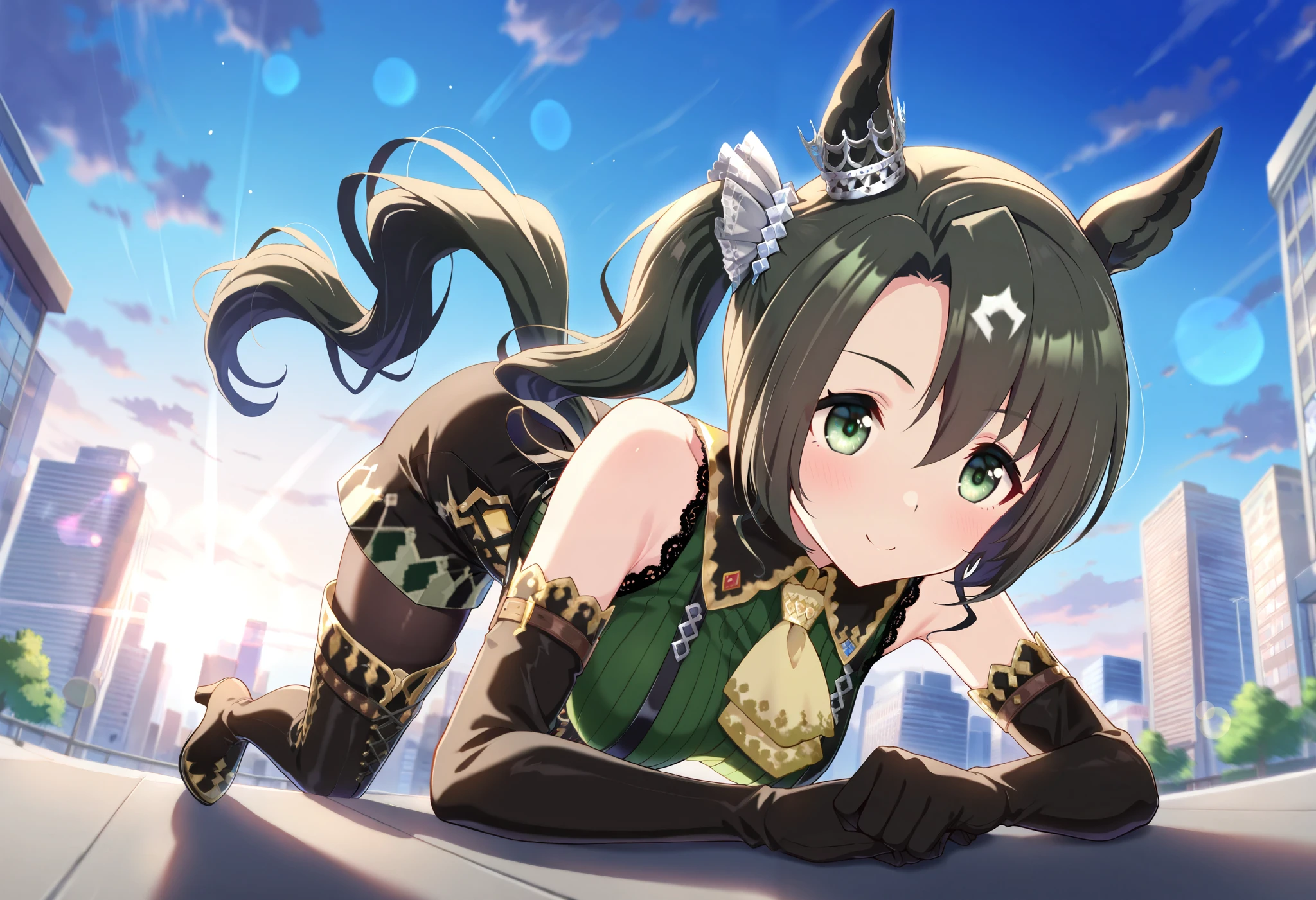 score_9, score_8_ up, score_7_ up, 1 人の女の子がHighest, alone,nsfw, masterpiece, top quality, high definition , very detailed, Shiny Skin,masterpiece,Highest_quality,
Satono Crown \(Uma Musume\), 1 girl, horse ears, BLACK ELBOW GLOVES, look at the viewers, full body, sleeveless green shirt , Horsetail, make black shorts , yellow ascot , black suspenders, black pantyhose, black thigh high boots , shoulder out, hair scrunchies , earrings, motion blur , lens flare,
cowboy shooting, beautiful detailed eyes,Outdoors,city,Hongkong