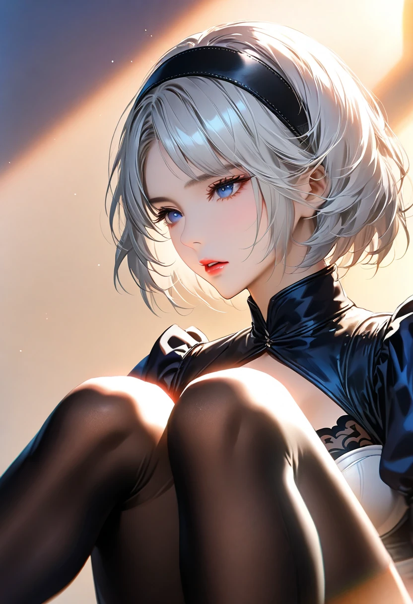 1girl,solo,super detailed skin,shiny skin,white skin,expressionless face,smile ,white hair,chignon,swept bangs,eyelashes,lips gloss ,large soft breasts,fullbodysuit,fishnet arms,cleavage cutout,ninja clothes ,cleavage cutout,model pose,hand in own hair,simple background,masterpiece,best quality,ultra detailed,high resolution,sharp focus