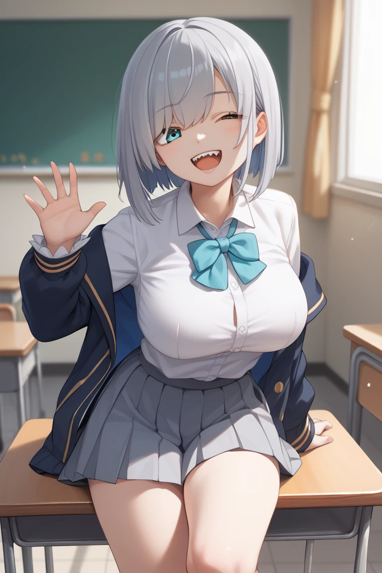 (throw_hand, pink vibrator remote switch in throw_hand, throw:1.2), highest quality, Super detailed, masterpiece, Ultra-high resolution, 8k, Ridiculous, Cowboy Shooting, Blurred, One girl, Focus on the girl, Embarrassing, blush, Lovely, With tears in her eyes and her mouth open, What saliva leaves behind, Wet skirt hem, (Sticky panties), Light blue striped underwear, Bulging of the vibrator cord, Vibrator with Garters, white hair, pink eyes, short hair, straight hair, nekomimi, medium breasts, , cleavage, Sit on a chair, Classroom Background, black stockings, Thighs, Waistline