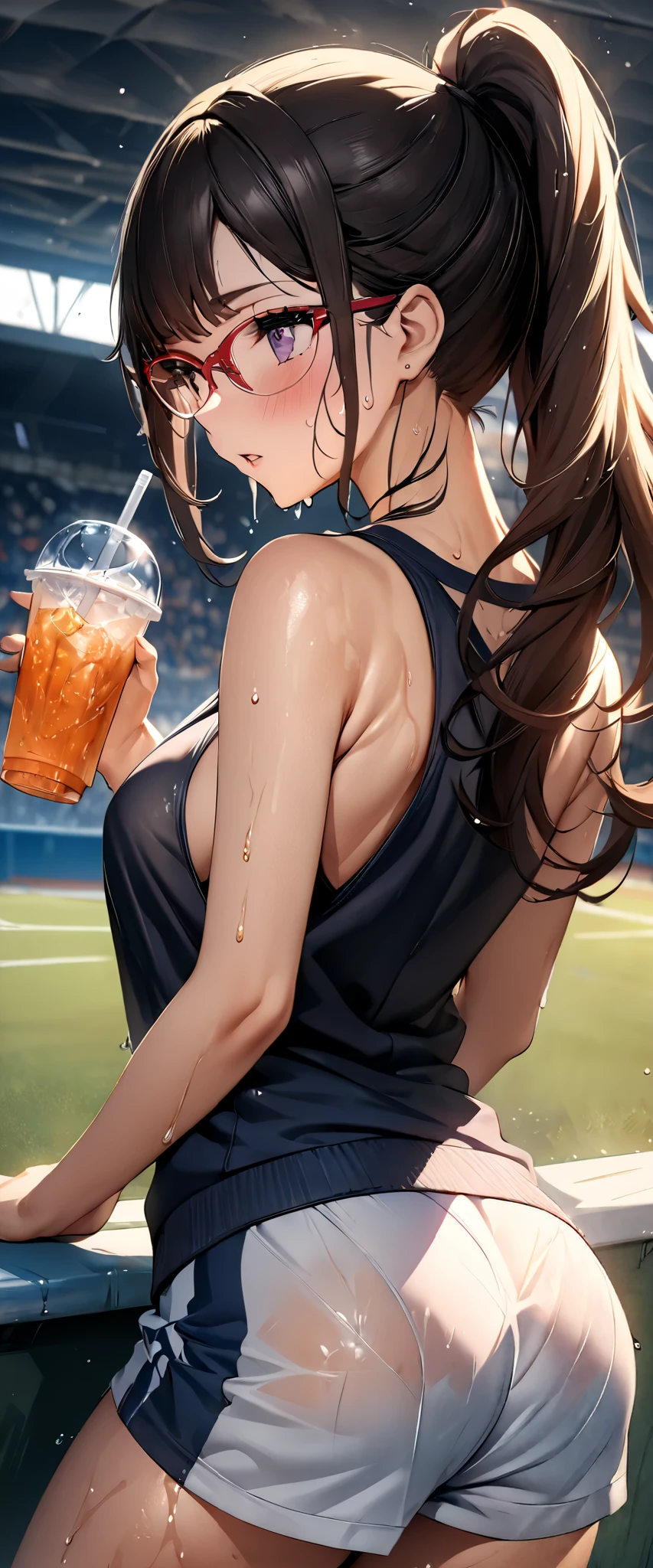 solo, 1girl, specter, sweating, smile, holding water bottle, sports bra, shorts, dusk, sunset, cityscape scenery, skyscrapers, cowboy shot