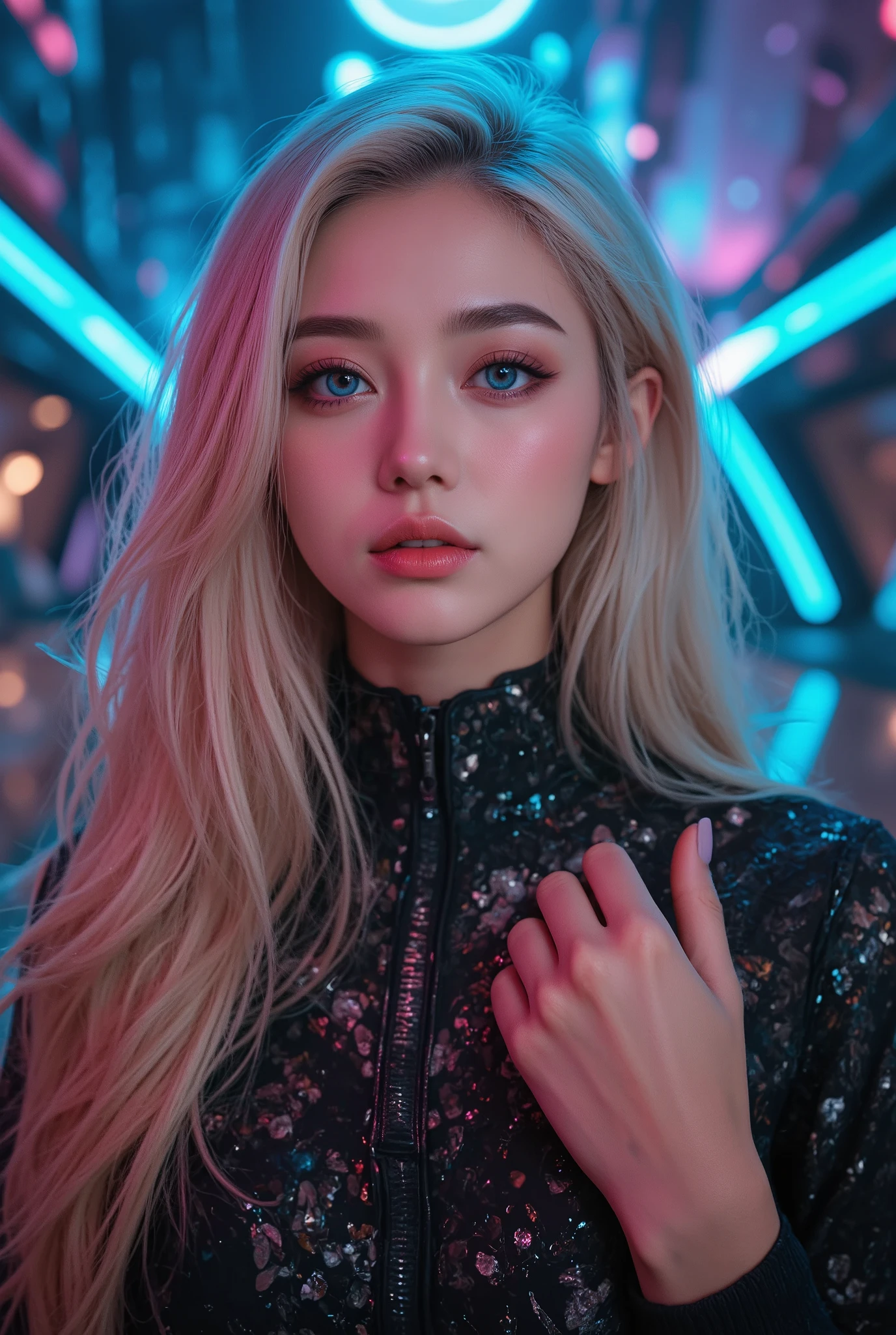 realistic, face, Blonde, blue eyes, long hair, beautiful planet background, beautifully detailed eyes, extremely detailed facial features, flawless skin, shiny iridescent eyes, delicate makeup, high-quality 3D render, photorealistic, cinematic lighting, ultra-detailed, 8k, hyperrealistic, vibrant colors, seamless, photograph