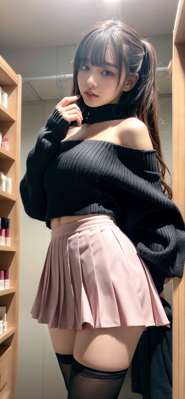 4K, RAW photo, best quality, masterpiece, ultra high resolution, (photorealistic:1.4), realistic,
(best quality, masterpiece:1.2), (extremely intricate, detail_face:1.2), (1girl, slim), full body, dynamic pose, dynamic angle, ((from behind)), (exhibitionism),
shibuya \(tokyo\), bus stop, bus stop sign,
(nsfw:0.8), ((only_sweater)), (off shoulder-sweater, crop top-sweater, long sleeves-sweater), ((low-rise)), (pleated skirt, miniskirt), choker, earrings, navel piercing,
light_on_face, black hair, shiny skin, (gigantic breasts), narrow waist, (thighs), thigh gap, realistic_fingers, whole_fingers, red lips, makeup, huge ass,