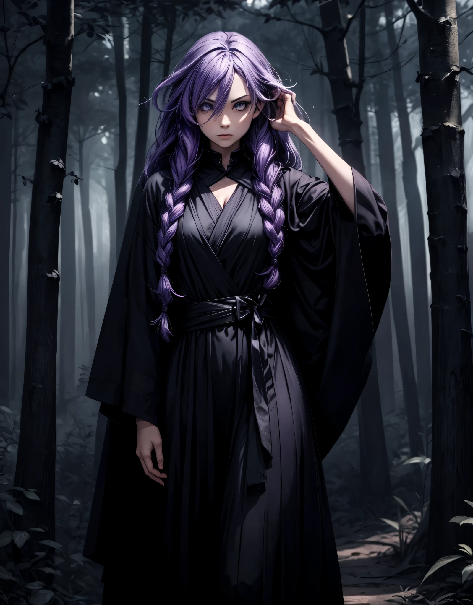 Woman with long purple hair , wearing a long dark robe covering his body and part of his face. He walks through a dark forest