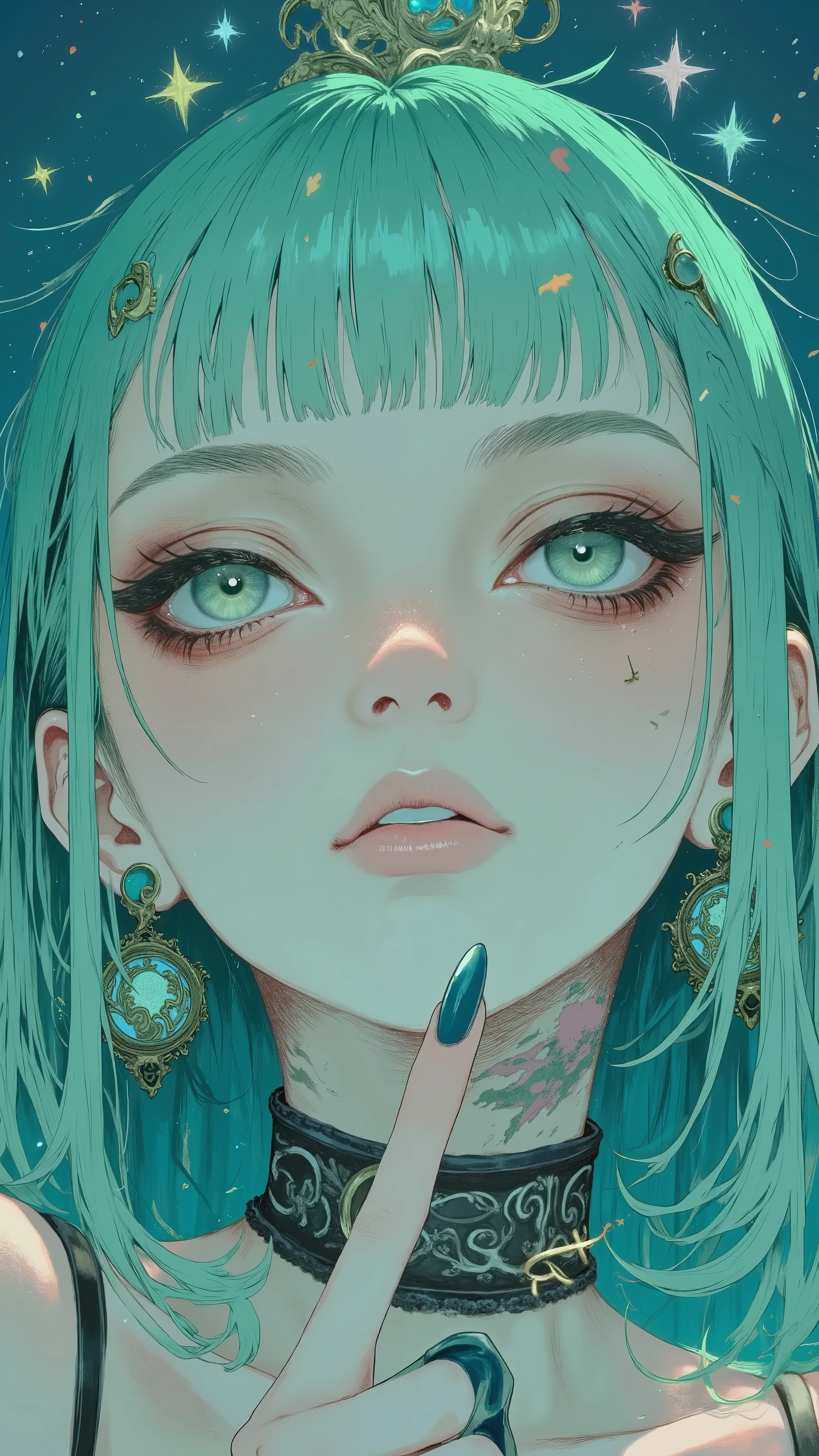 Close-up, low-angle,  pale skin, green wash, large eyes, long eyelashes, pink eyeshadow, pink lips,  small stars, green hair, dangling earrings,  neck tattoos, teal background.
