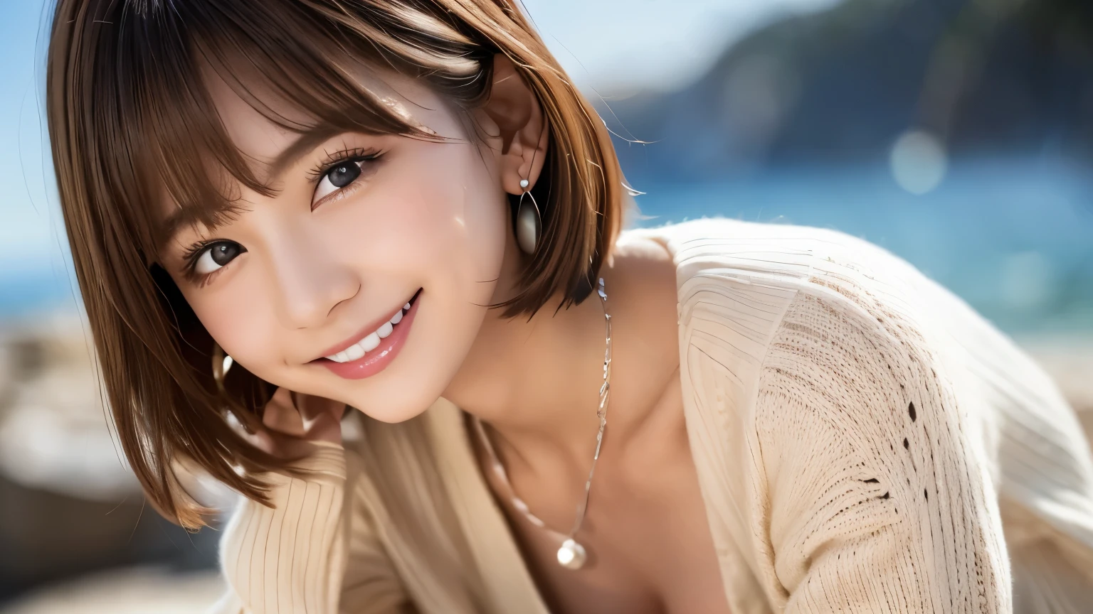 ( top quality,masterpiece:1.3, super high resolution ),( super detailed, caustics ,8k),( realistic :1.4,RAW shooting),18 years old,cute, Japanese , short brown hair curled outward,( beige summer knitwear ),(smile),Get close to the location of 、Look up at the camera、(short brown skirt ), blue sky, moon,Backlight,(Coastline),( moonset、 moonset:1.1),,( Next to ),( focus on face ),( close-up face ),(High situation:1.3),(High Angle:1.3), natural light 、照れたsmile、parted bangs、Big Breasts、Wear small earrings、 silver necklace 、((Big Breasts))、照れくさいsmile、((Camera angle is oblique :1.2))