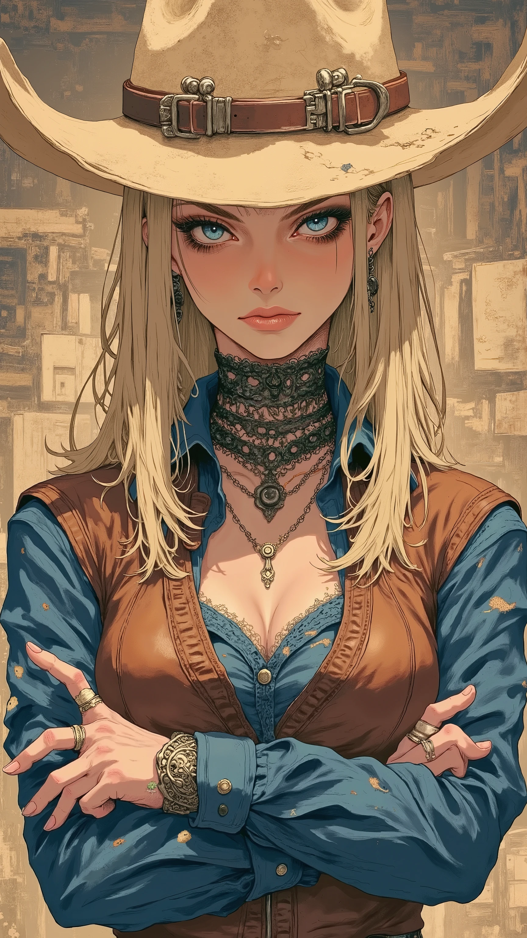 Close-up, frontal viewpoint. Long blonde hair, fair skin, blue eyes, serious expression. Cowboy hat, brown vest, denim shirt, leather belt, silver buckle, jeans. Arms crossed, confident pose. Rustic, muted brown gold background.