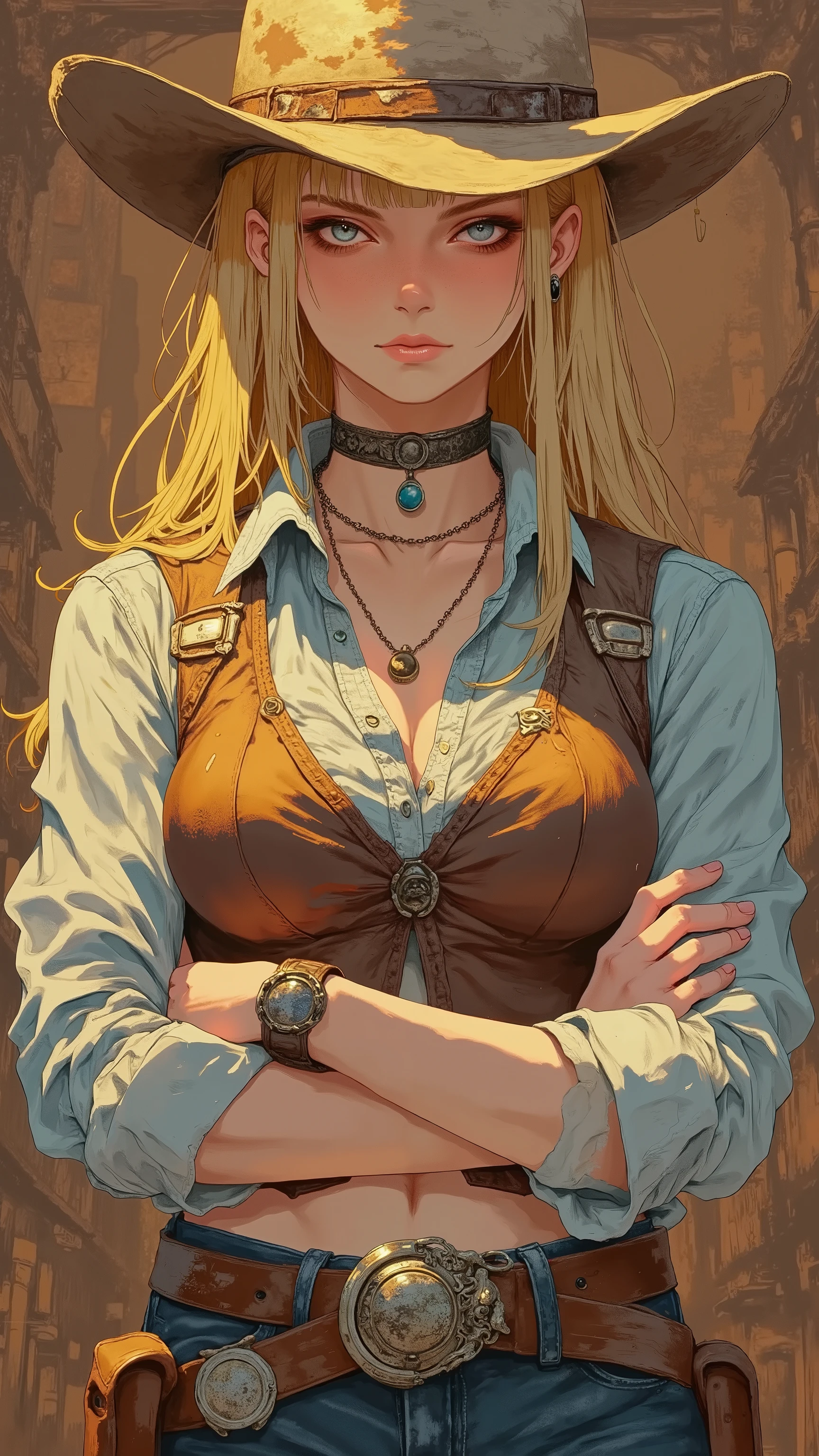 Close-up, frontal viewpoint. Long blonde hair, fair skin, blue eyes, serious expression. Cowboy hat, brown vest, denim shirt, leather belt, silver buckle, jeans. Arms crossed, confident pose. Rustic, muted brown gold background.
