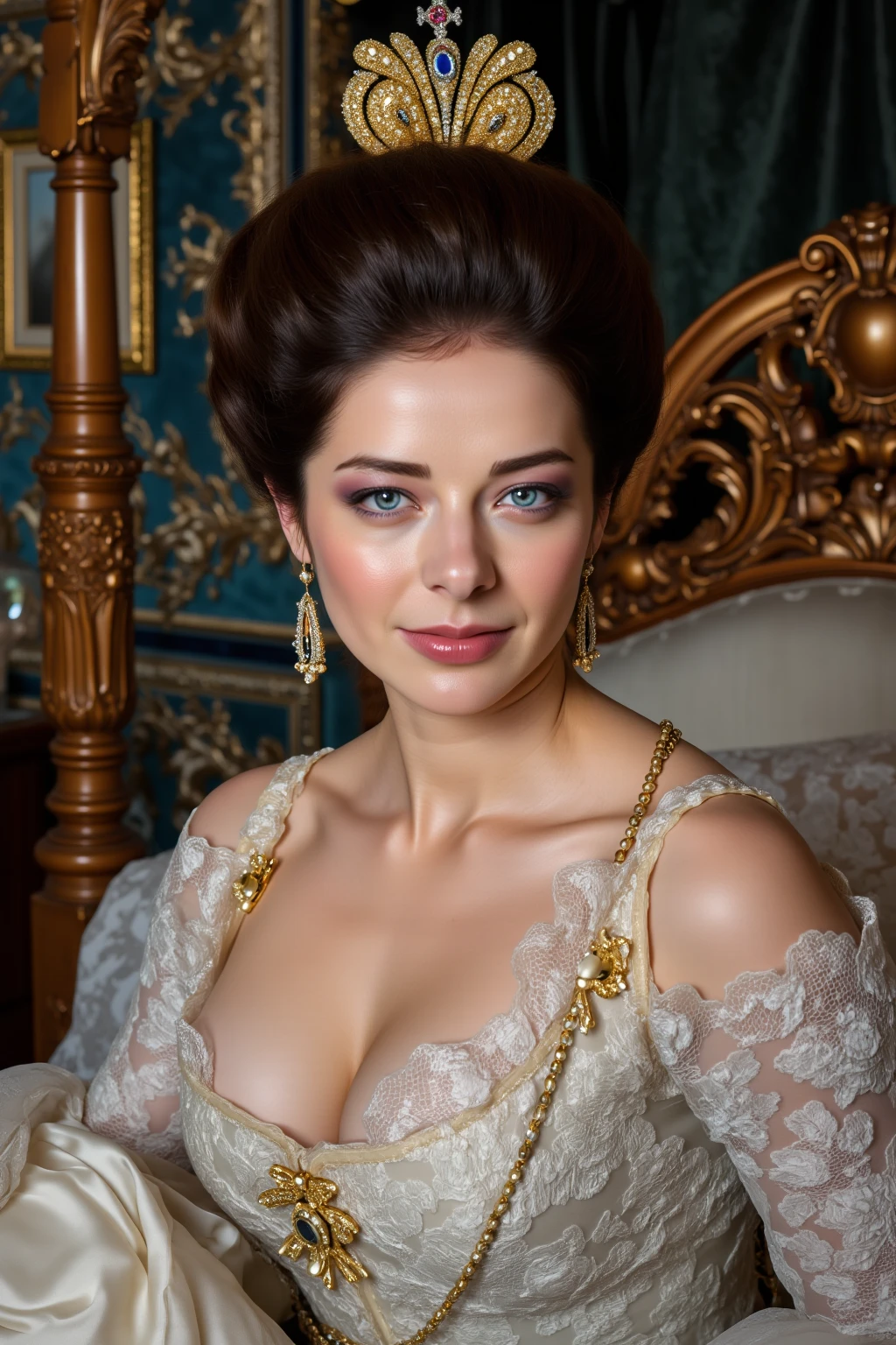 In this artistic representation, eine atemberaubende und elegante Frau, etwa 50 Jahre alt, ziert die Szene in einem leuchtenden farbigen  Spitzennachthemd. Ihre Kleidung strahlt Opulenz aus, in keeping with her status as a wealthy and influential figure. The colorful lace nightdress falls gracefully, shows both sophistication and fascination and a lot of eroticism.Very wide open,her plump breasts are peeking out,She opens her legs expectantly and lifts her night,darunter sieht man ihre unrasierte , Different camera perspectives capture the essence of her presence. A close-up could highlight the fine details of the lace, It portrays the elaborate craftsmanship, which complements her refined taste. A larger shot could enhance the royal aura, die sie ausstrahlt, einfangen, She stands in a luxuriously decorated room, der ihren Wohlstand widerspiegelt.

Der Gesichtsausdruck der Frau vermittelt eine Mischung aus Selbstvertrauen, Weisheit, und ein Hauch von Geheimnis, which reflects their valued position. Die Gesamtkomposition zielt darauf ab, to capture the beauty and eroticism, Macht, und Anmut einer reifen und einflussreichen Frau durch die Linse von Kunst und Kultiviertheit.,nsdw,