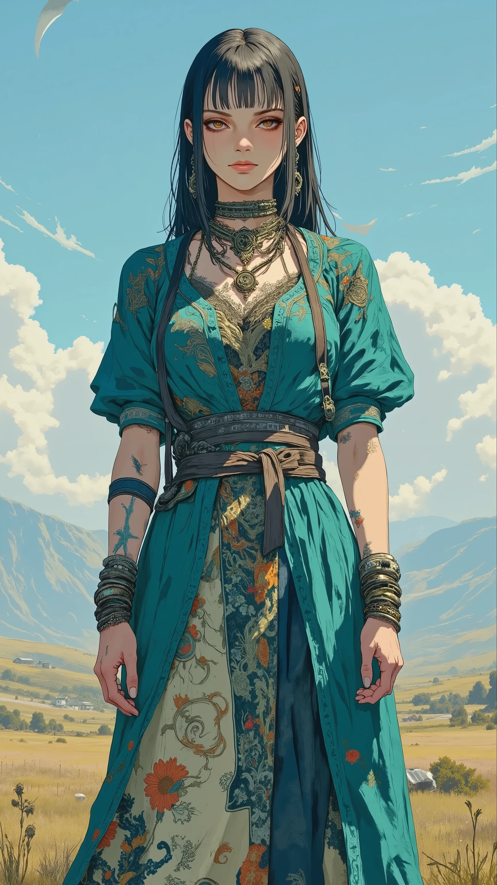 Eye-level, woman, Asian, striking features, long dark hair, layered necklaces, bracelets, ornate belt, teal blue-green dress, layered fabric, intricate detailing, hem, skirt, rich cultural heritage, nomadic, Central Asian styles, grasslands, bright sky, soft focus, vibrant clothing, muted natural environment, soft diffused lighting, peaceful, ethereal mood, artistic, film still, fashion photograph, evocative, beauty, cultural identity.
