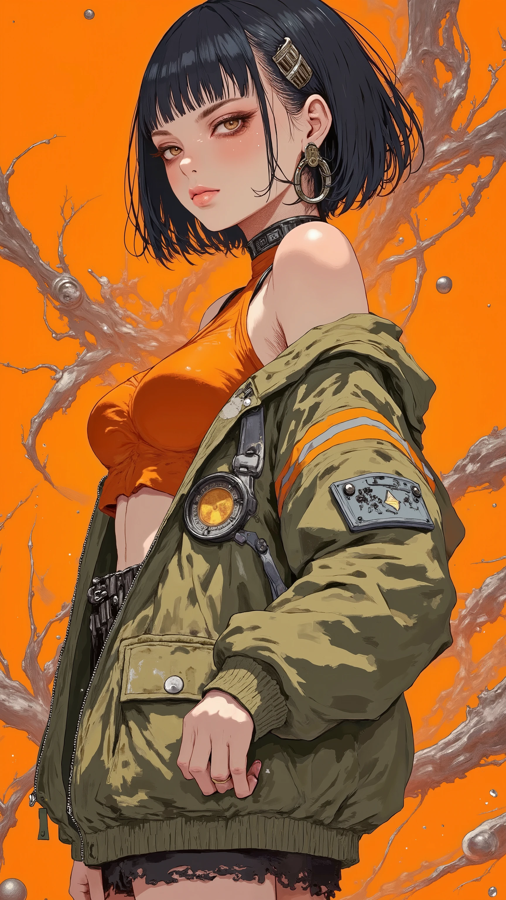 Close-up, three-quarter view, dark bob, blunt bangs, sharp features, serious expression, cropped orange top, olive-green jacket, orange accents, white stripes, voluminous, multiple pockets, straps, dark bottoms, subtle accessories, metallic, vibrant orange background, anime, manga, sharp lines, bold colors, even lighting.
