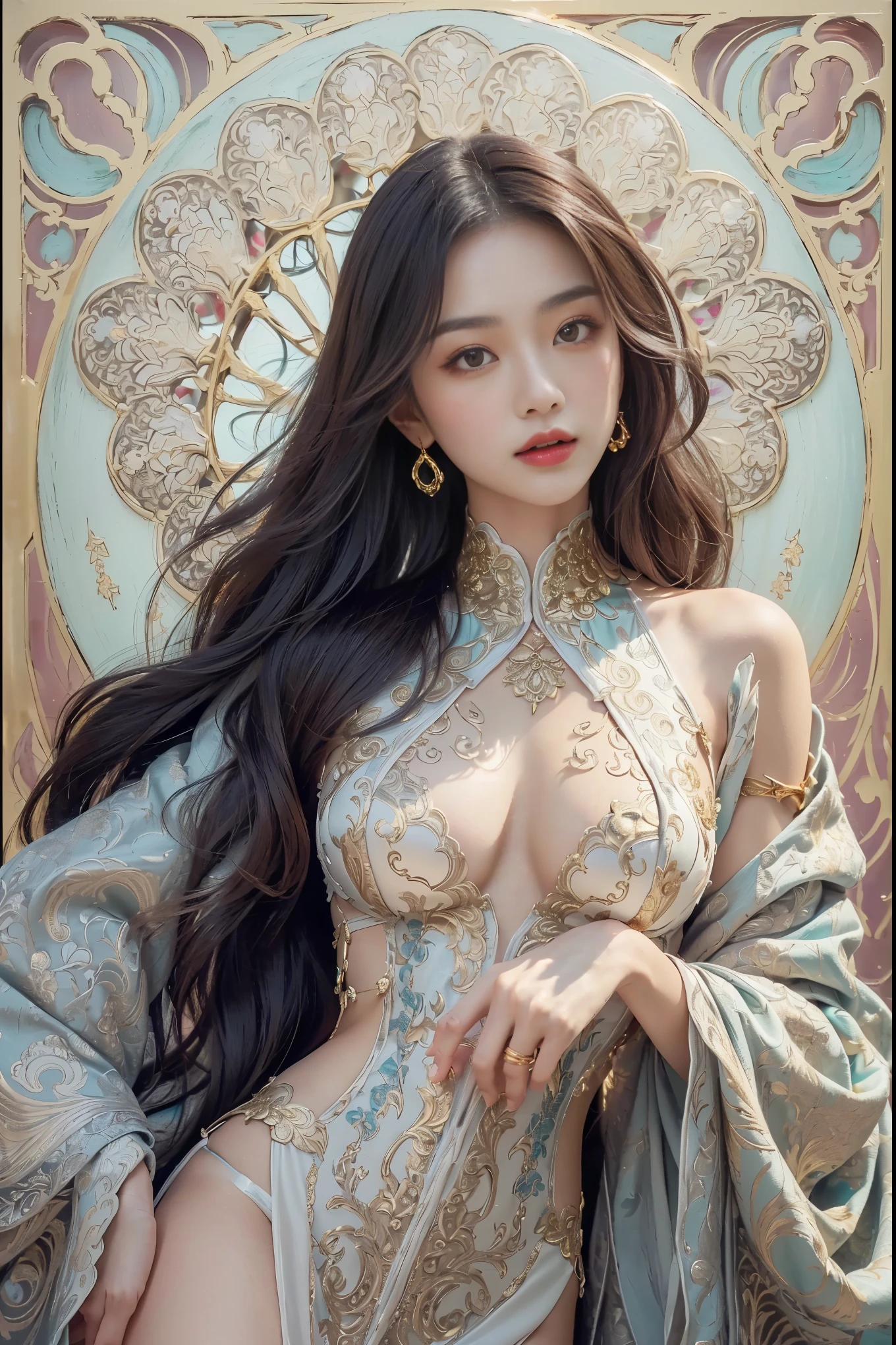 (masterpiece, top quality, best quality, official art, Beautiful and beautiful:1.2), (1 girl:1.3), Very detailed,(fractal art:1.2),rich and colorful,most detailed,(Zentangle:1.2), (dynamic poses), (abstract background:1.5), (Traditional clothing:1.2), (shiny skin), (Many colors:1.4), Upper body